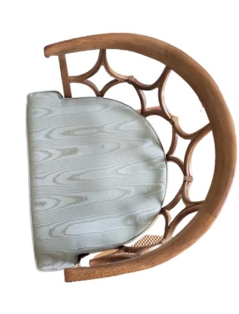 1960s Hollywood Regency lounge chair with barrel back in spider design with solid natural fruit wood.
Upholstered cushion removable and in great condition.
Measurements are 25.5 W x 20 D x 30 H.
Interior seat width is 23 inches and the interior