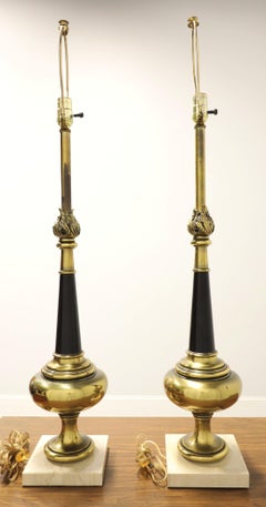 1960's Hollywood Regency Black & Brass Marble Base Table Lamps - Pair