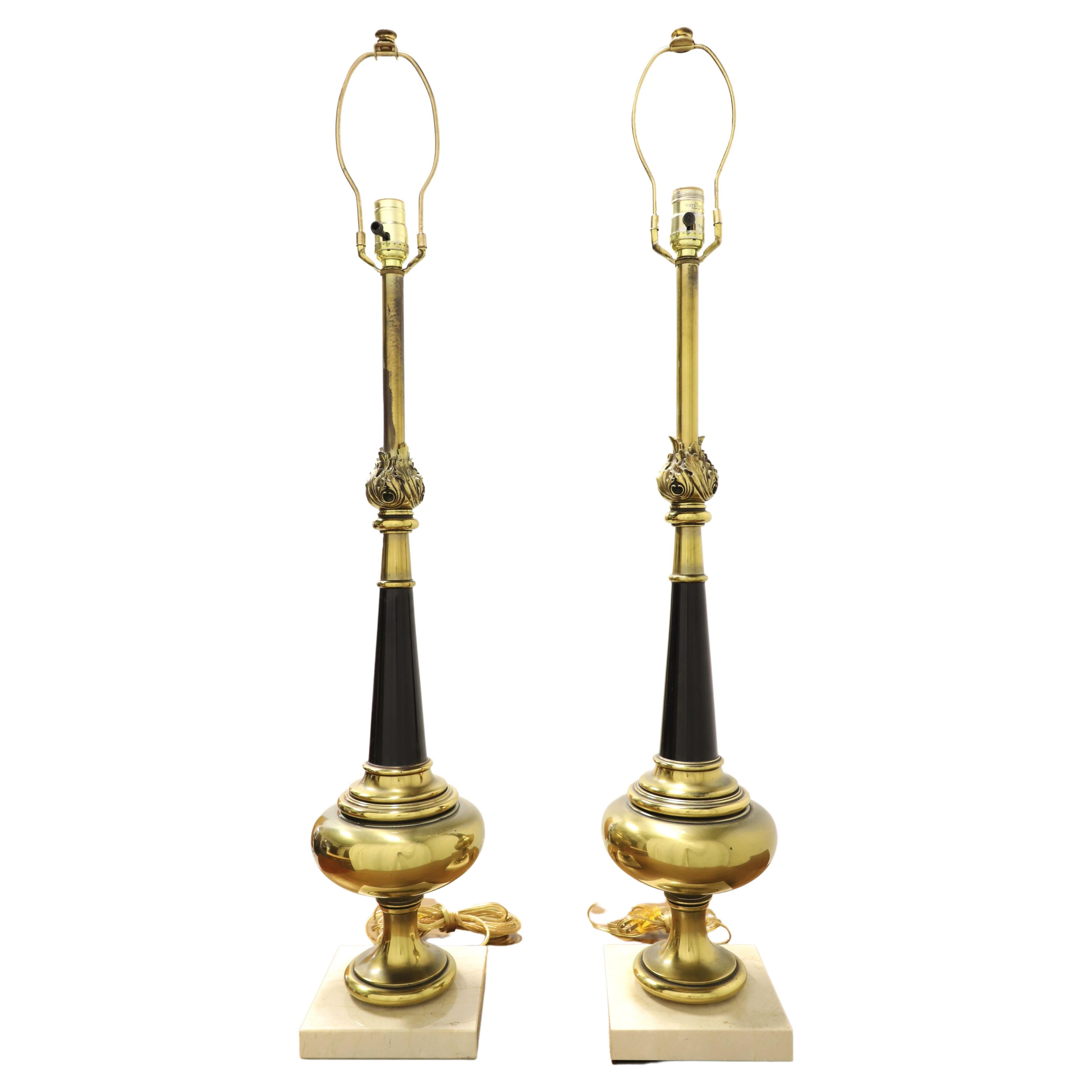 1960's Hollywood Regency Black & Brass Marble Base Table Lamps - Pair