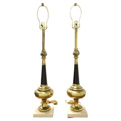 1960's Hollywood Regency Black & Brass Marble Base Table Lamps - Pair