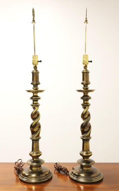 1960's Hollywood Regency Brass Barley Twist Table Lamps - Pair