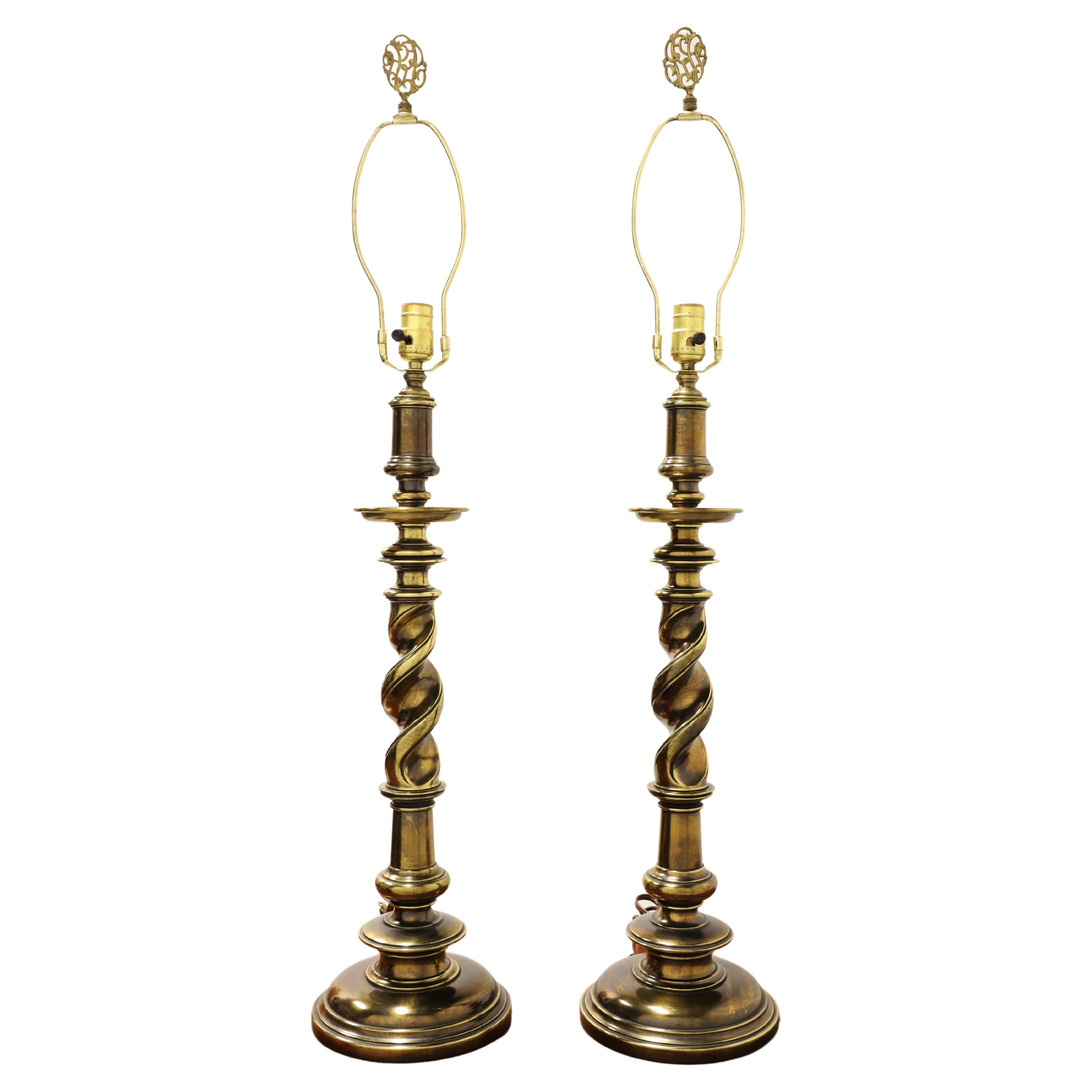 1960's Hollywood Regency Brass Barley Twist Table Lamps - Pair For Sale