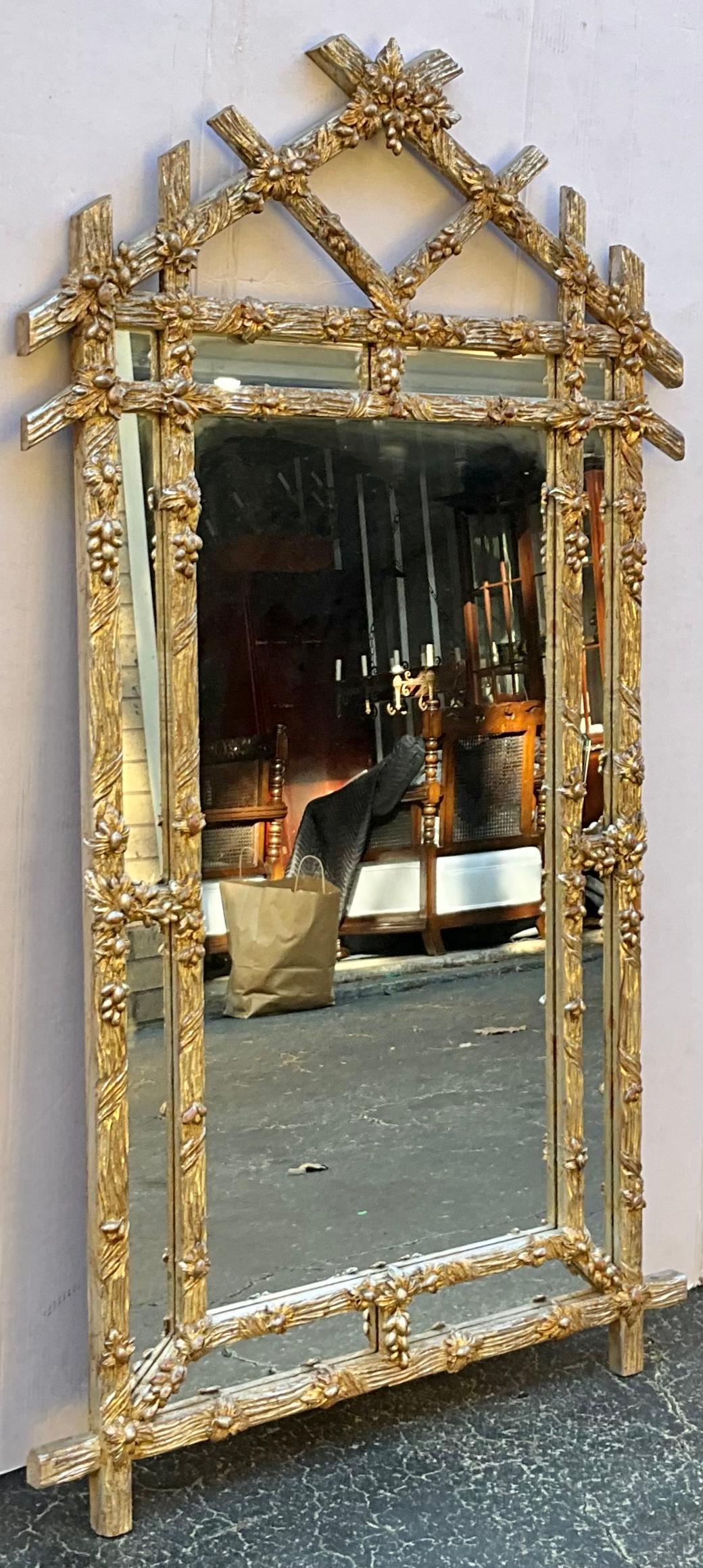 Italian 1960s Hollywood Regency Carved Silver Gilt Faux Bois Wall Mirror