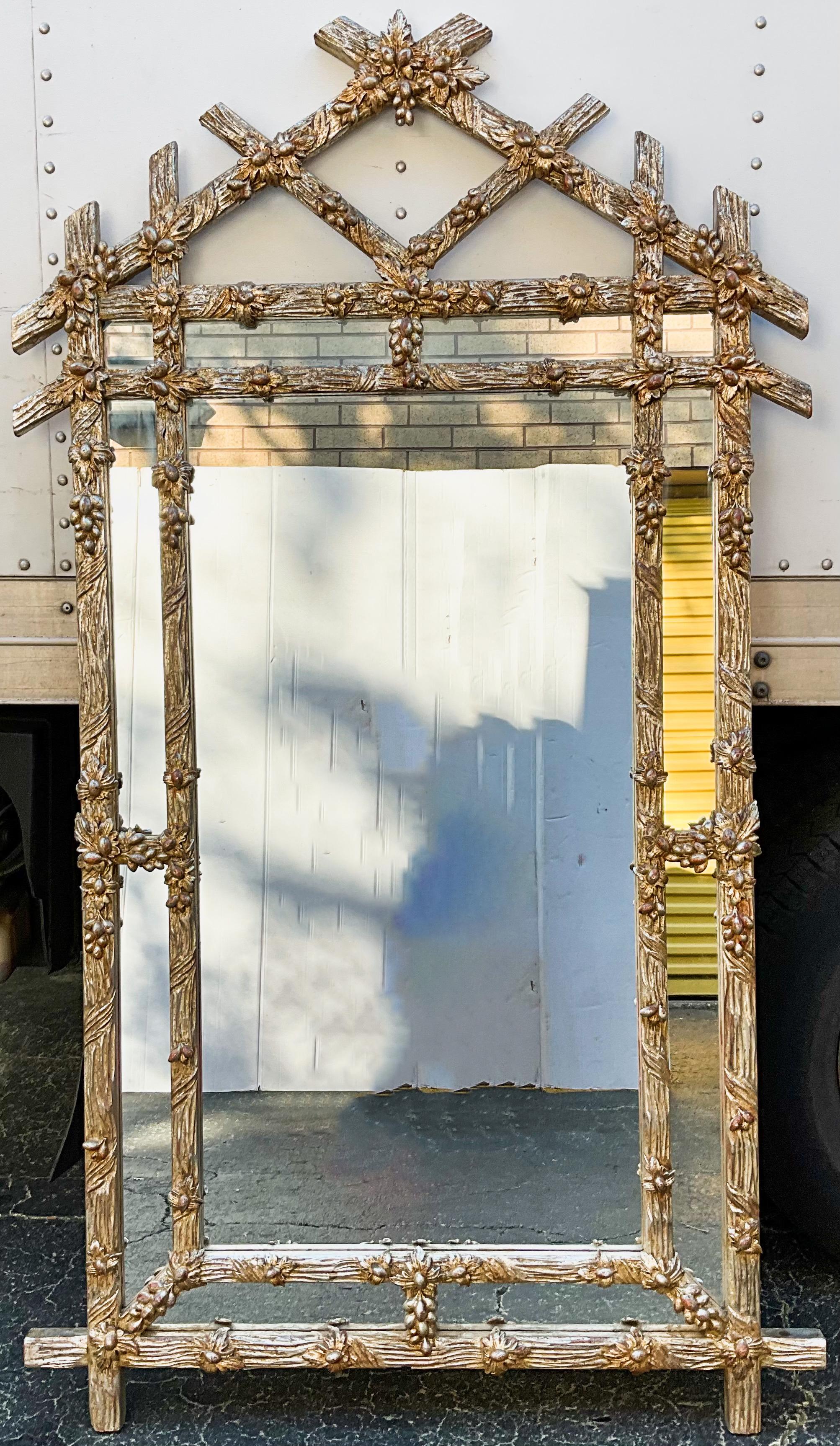 20th Century 1960s Hollywood Regency Carved Silver Gilt Faux Bois Wall Mirror