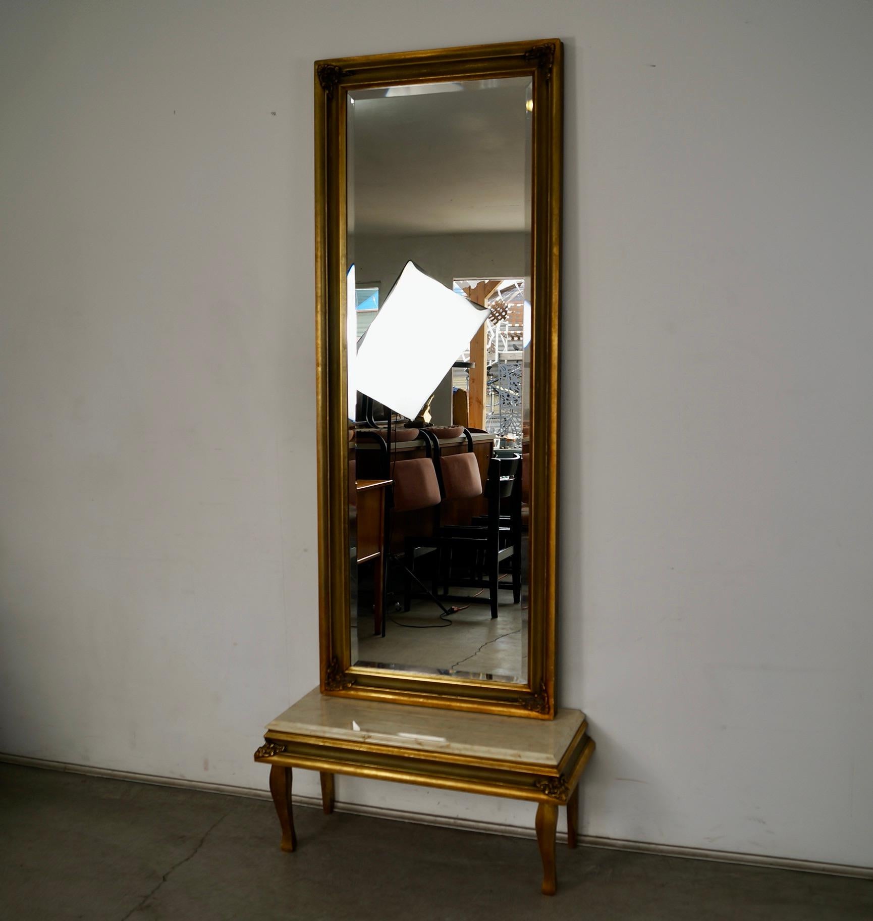 American 1960's Hollywood Regency Gilded Full-Length Beveled Mirror With Vanity Base For Sale