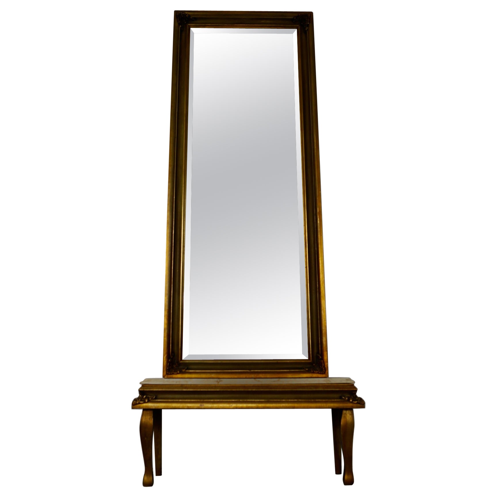 1960's Hollywood Regency Gilded Full-Length Beveled Mirror With Vanity Base For Sale