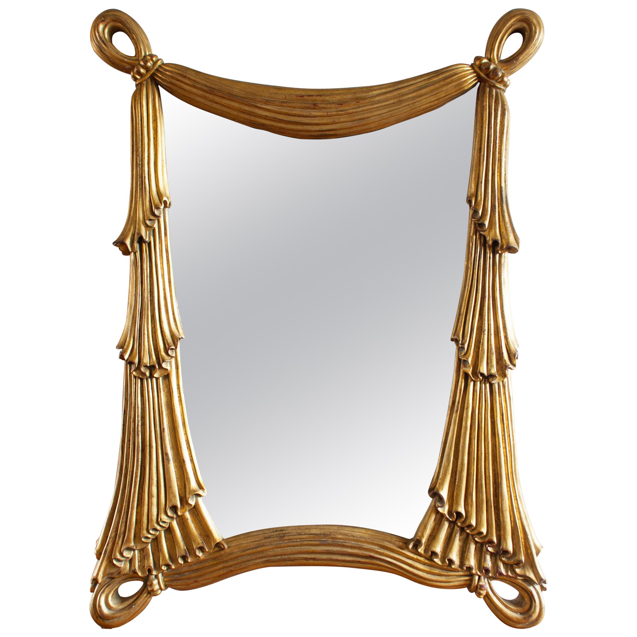 1960s Hollywood Regency Gilt Draped Swag Large Wall Mirror For Sale