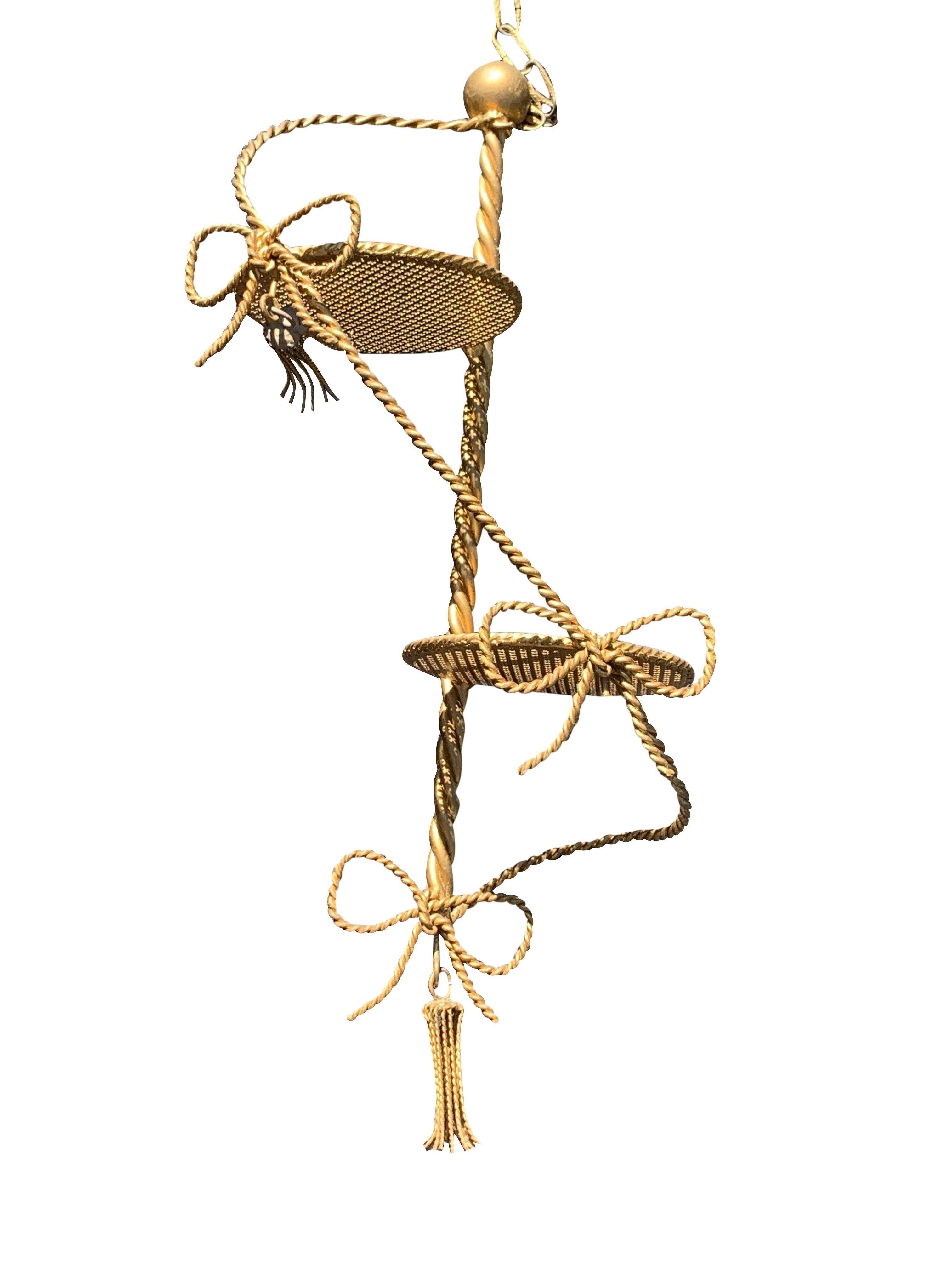 1960s Hollywood Regency Gold Brass Hanging Planter For Sale 1