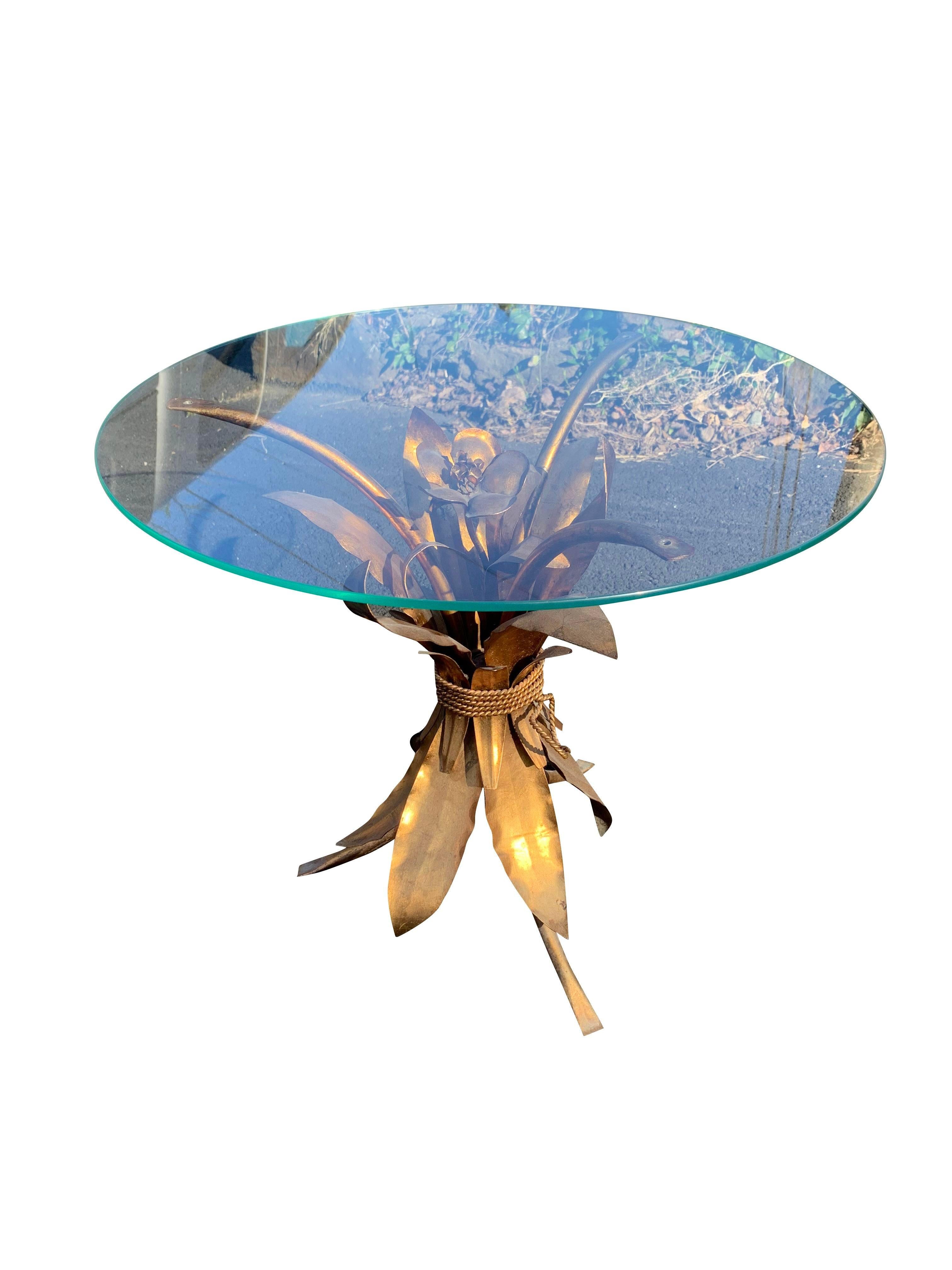 1960s Hollywood Regency Gold Wheat Sheaf Flower Accent Table For Sale 1