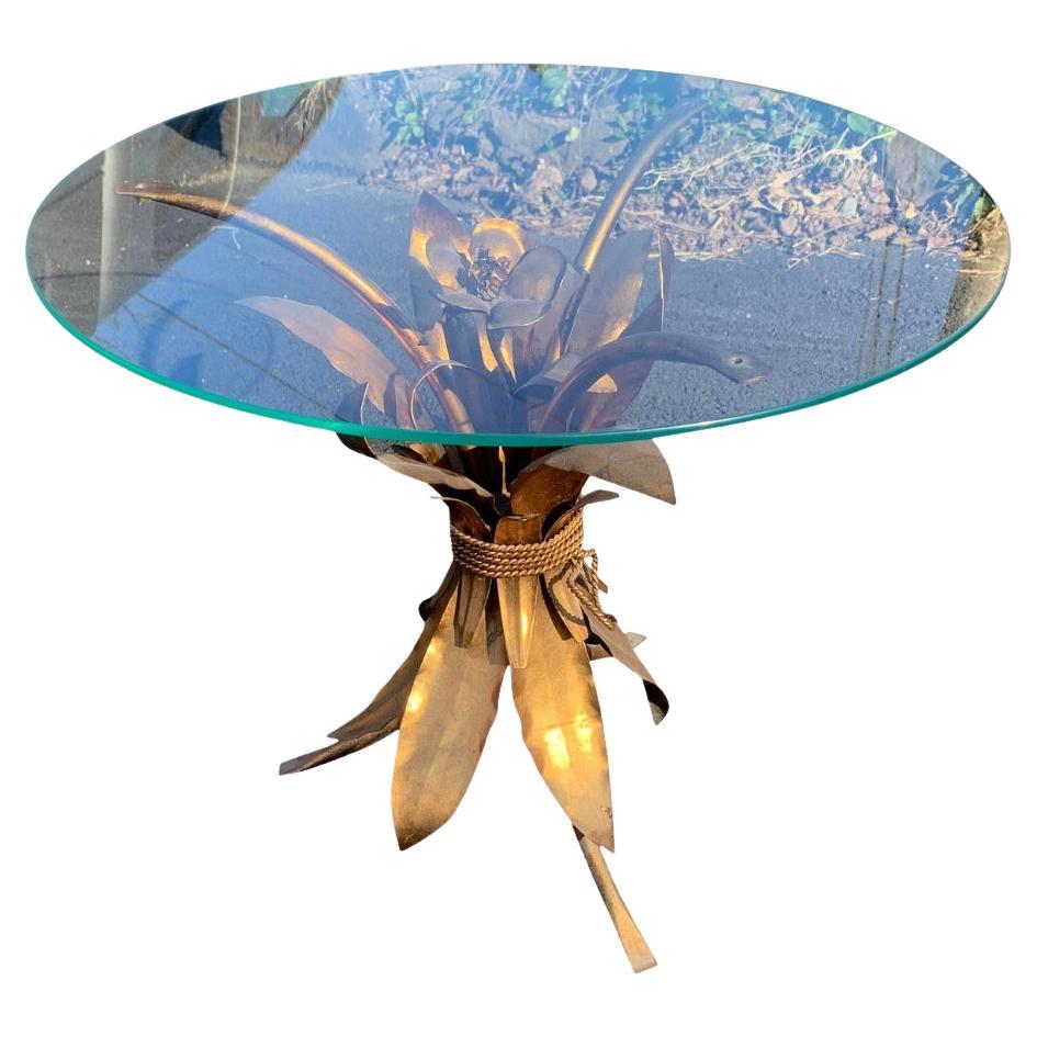1960s Hollywood Regency Gold Wheat Sheaf Flower Accent Table