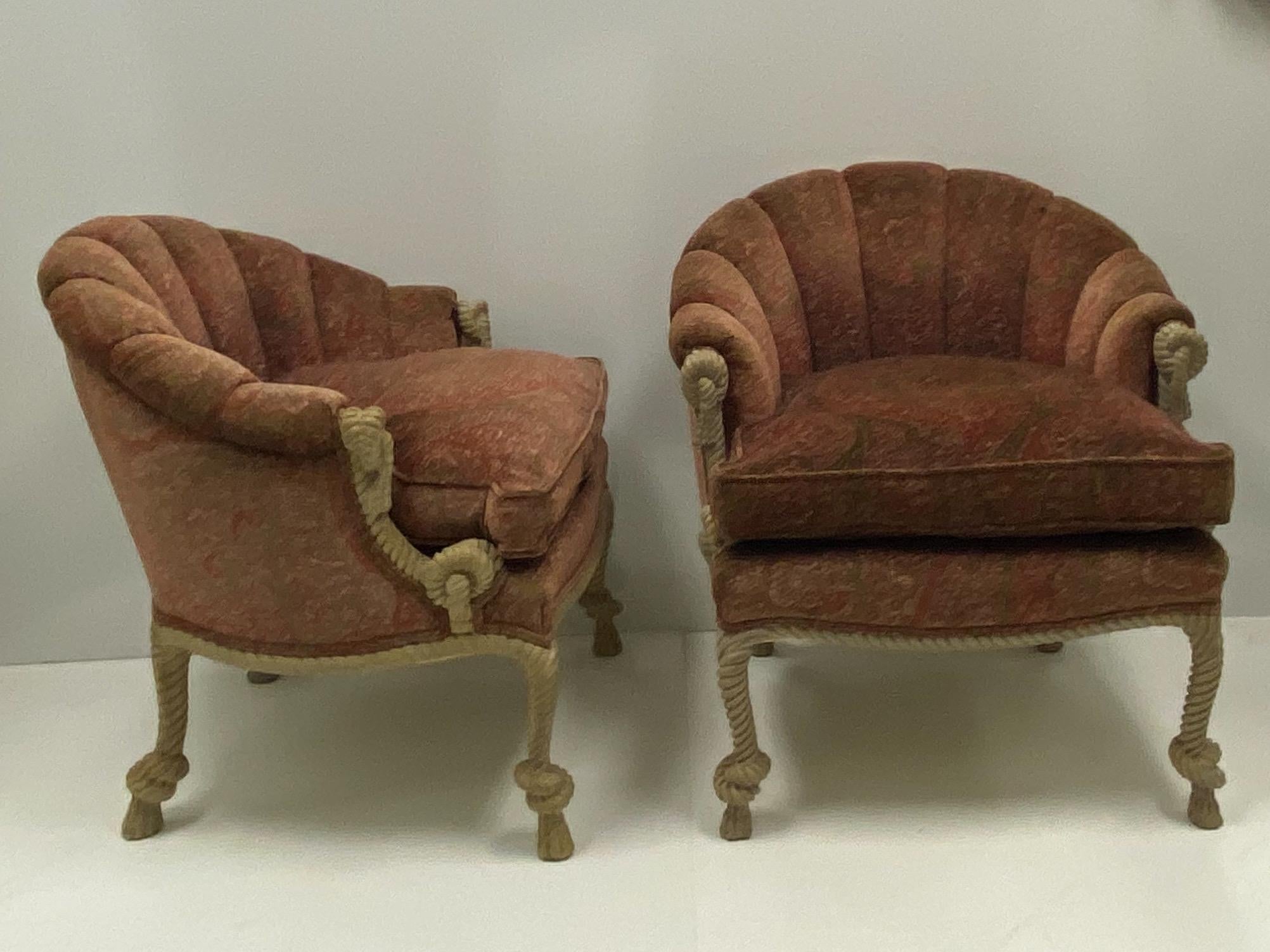 Velvet 1960s Hollywood Regency Italian Carved Pine Tassel and Rope Tub Chairs, a Pair