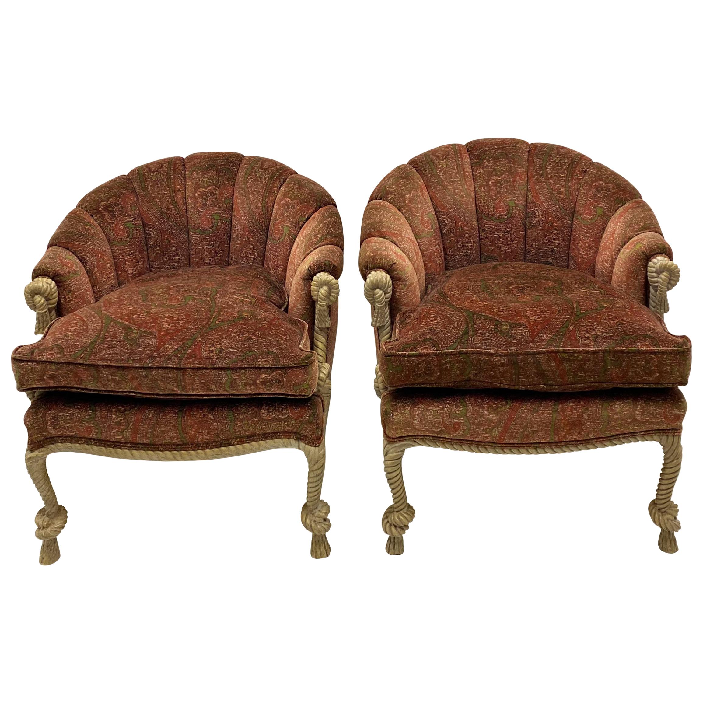 1960s Hollywood Regency Italian Carved Pine Tassel and Rope Tub Chairs, a Pair