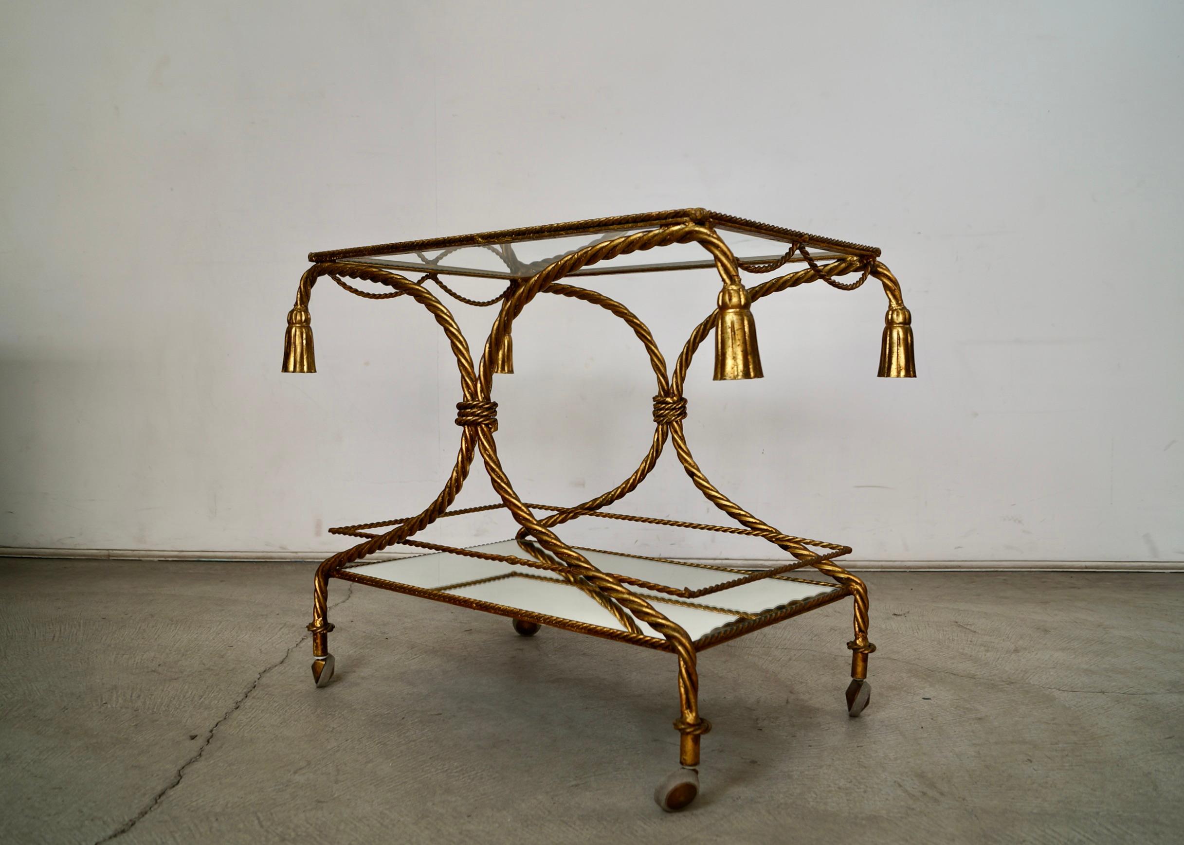 1960's Hollywood Regency Italian Gilded Metal Tassel Rope Bar Cart For Sale 5