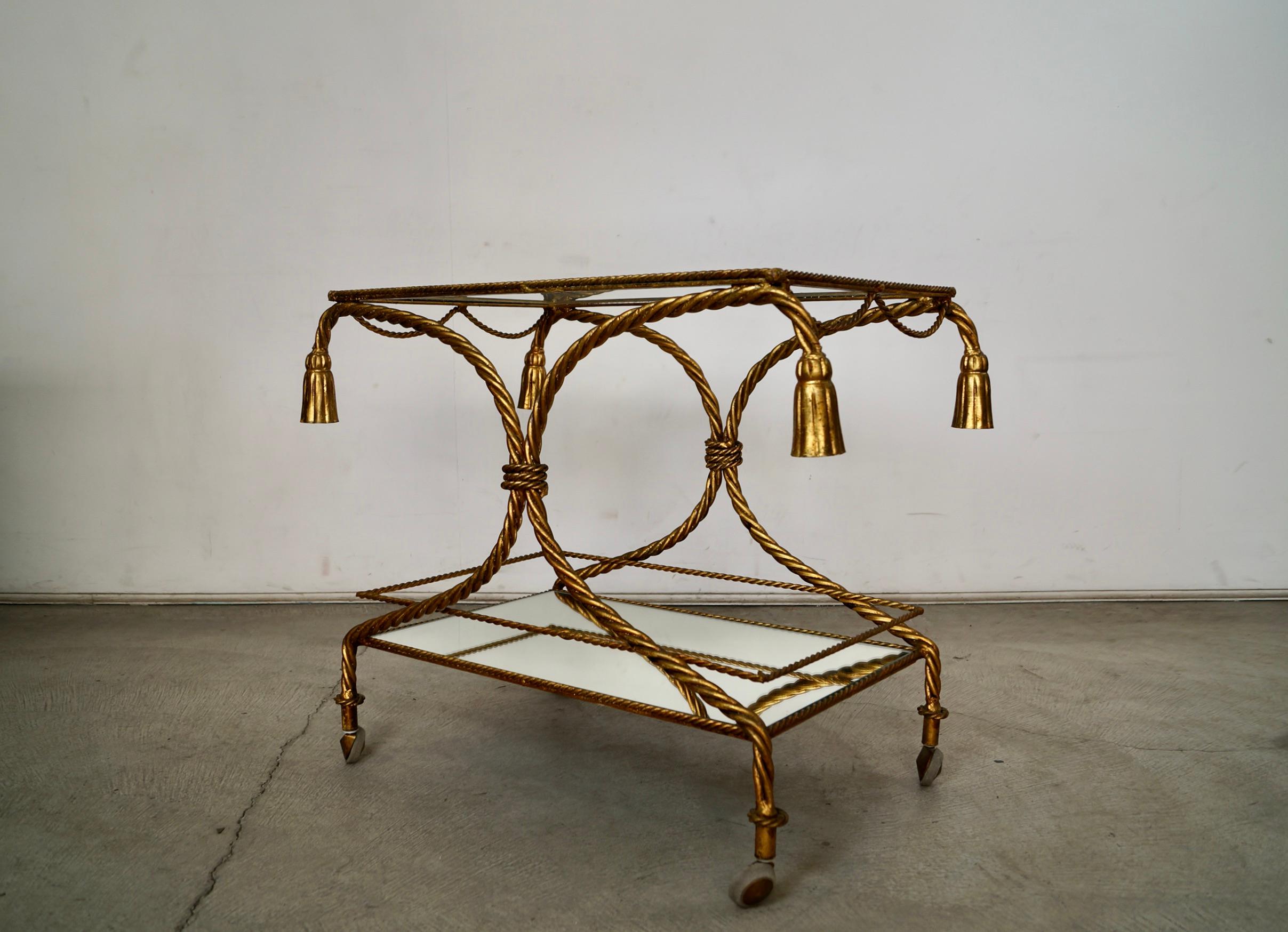 1960's Hollywood Regency Italian Gilded Metal Tassel Rope Bar Cart For Sale 6