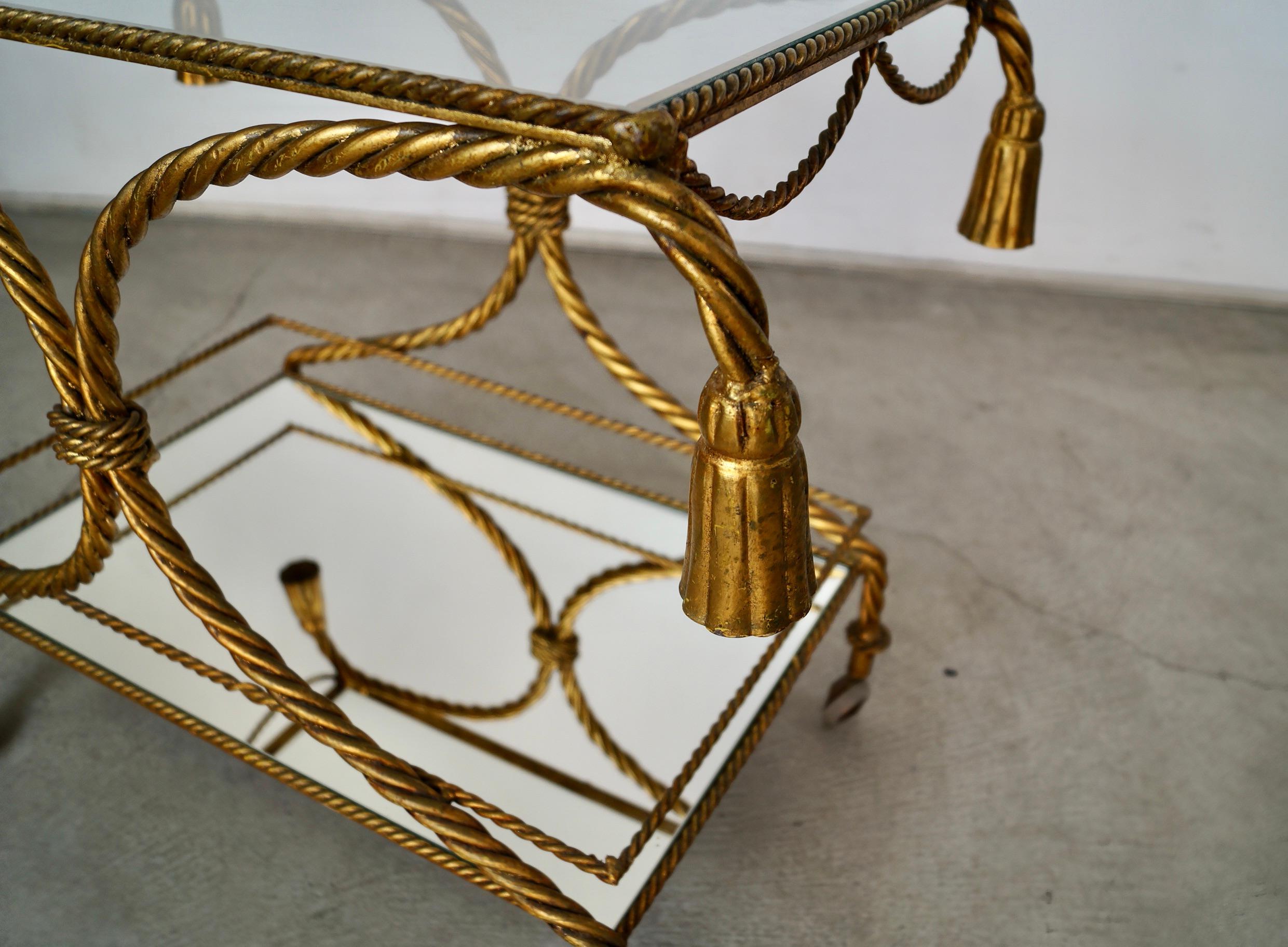 1960's Hollywood Regency Italian Gilded Metal Tassel Rope Bar Cart For Sale 9