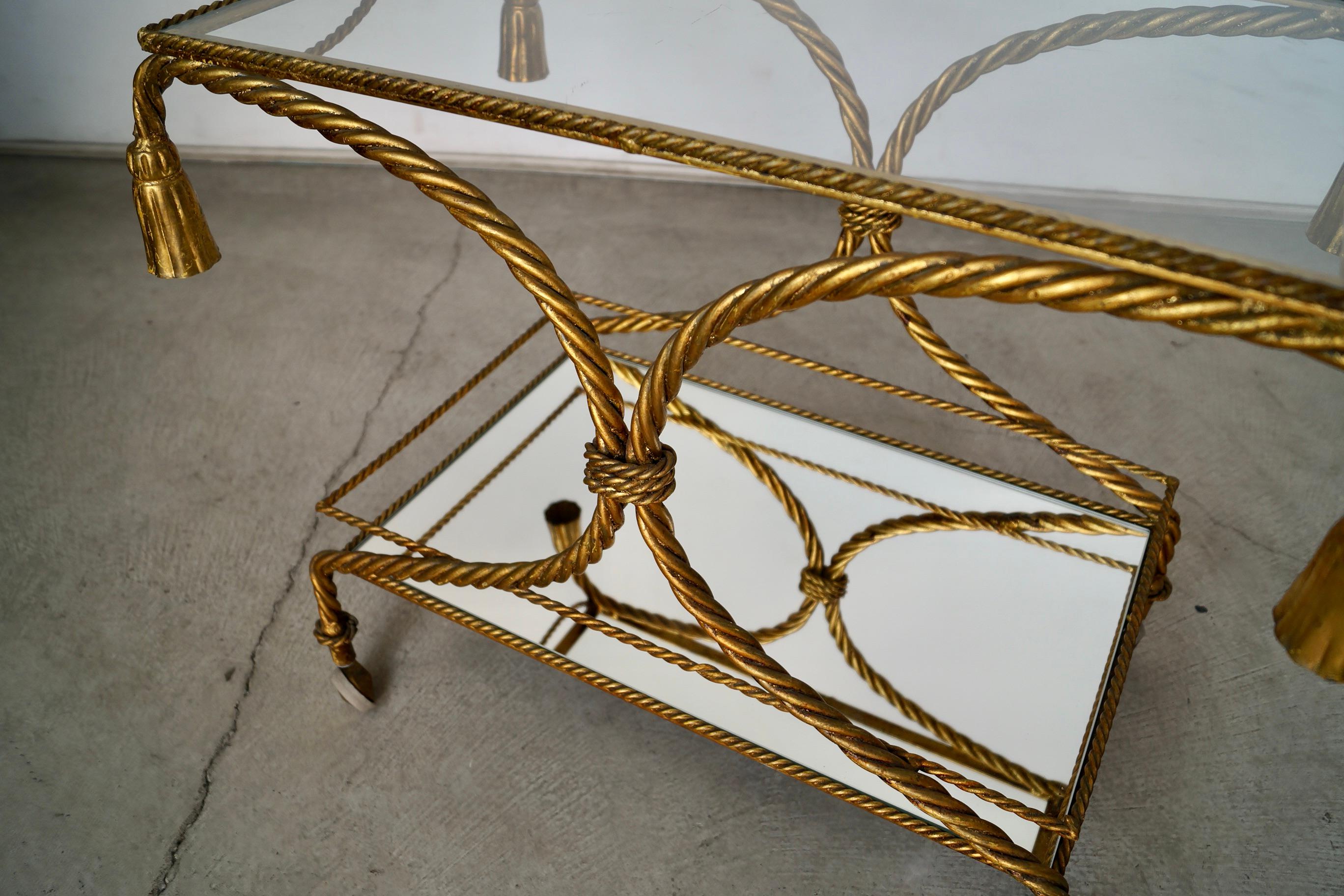 1960's Hollywood Regency Italian Gilded Metal Tassel Rope Bar Cart For Sale 10