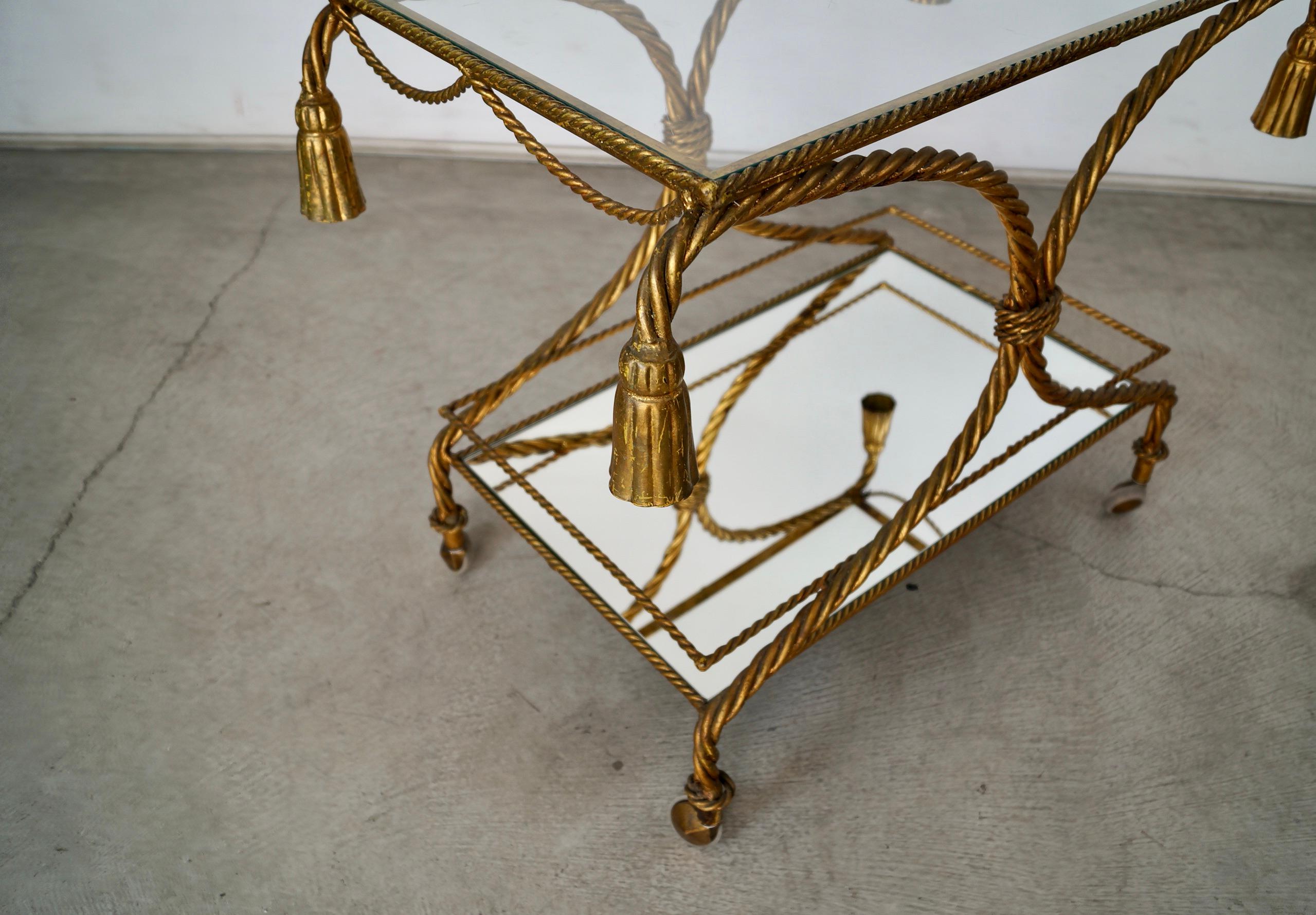 1960's Hollywood Regency Italian Gilded Metal Tassel Rope Bar Cart For Sale 11