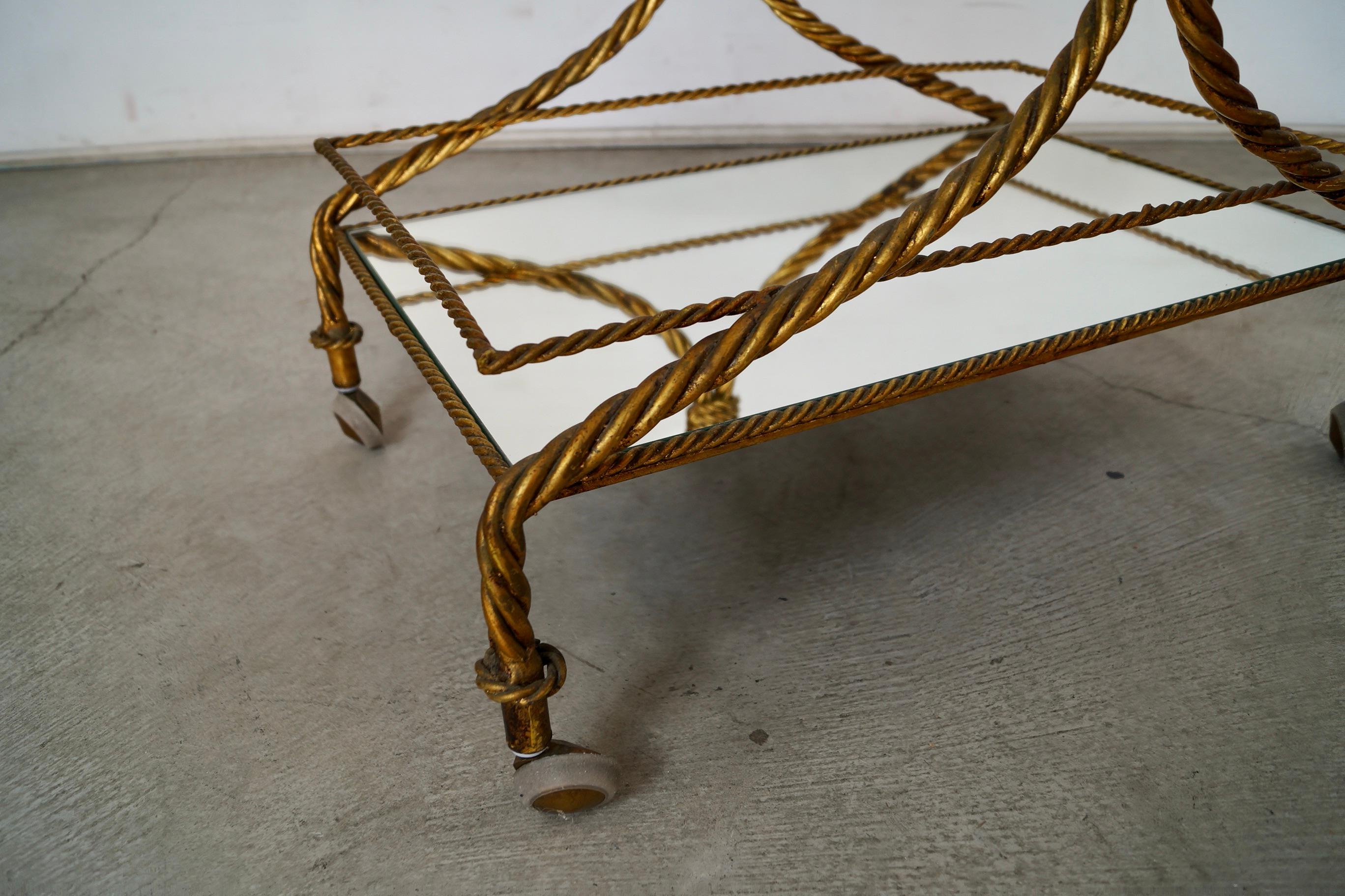 1960's Hollywood Regency Italian Gilded Metal Tassel Rope Bar Cart For Sale 12