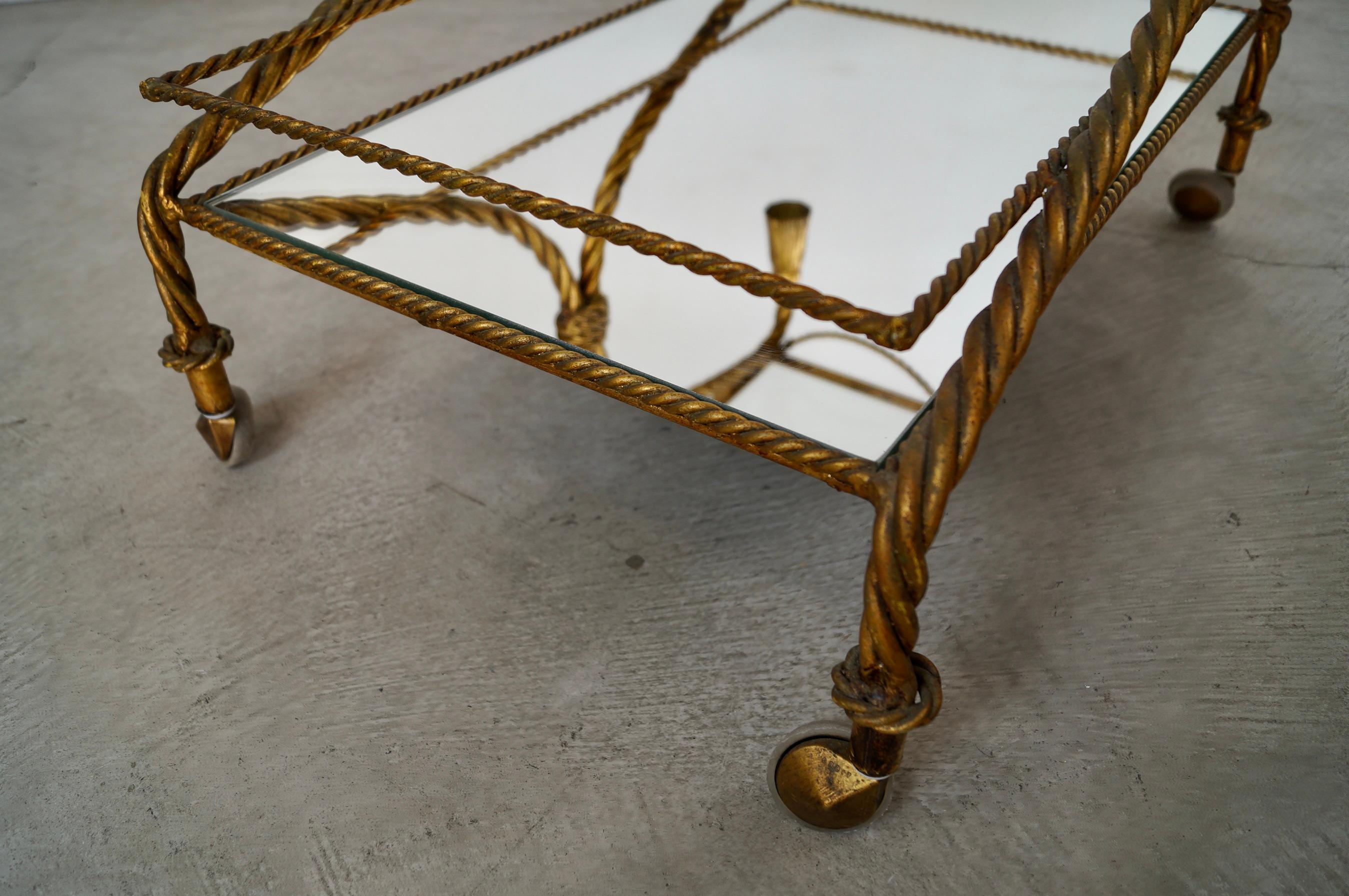 1960's Hollywood Regency Italian Gilded Metal Tassel Rope Bar Cart For Sale 13
