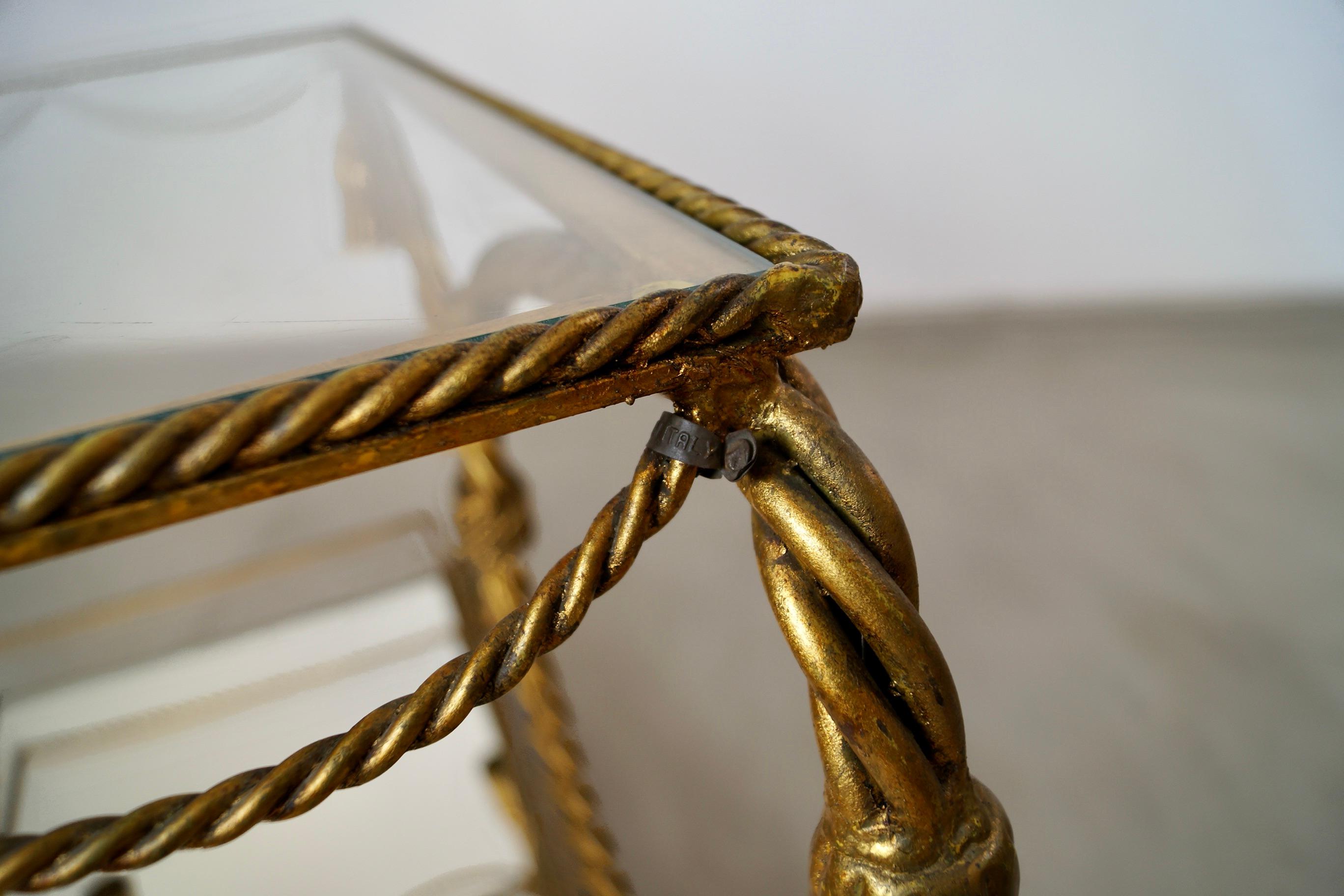 1960's Hollywood Regency Italian Gilded Metal Tassel Rope Bar Cart For Sale 14