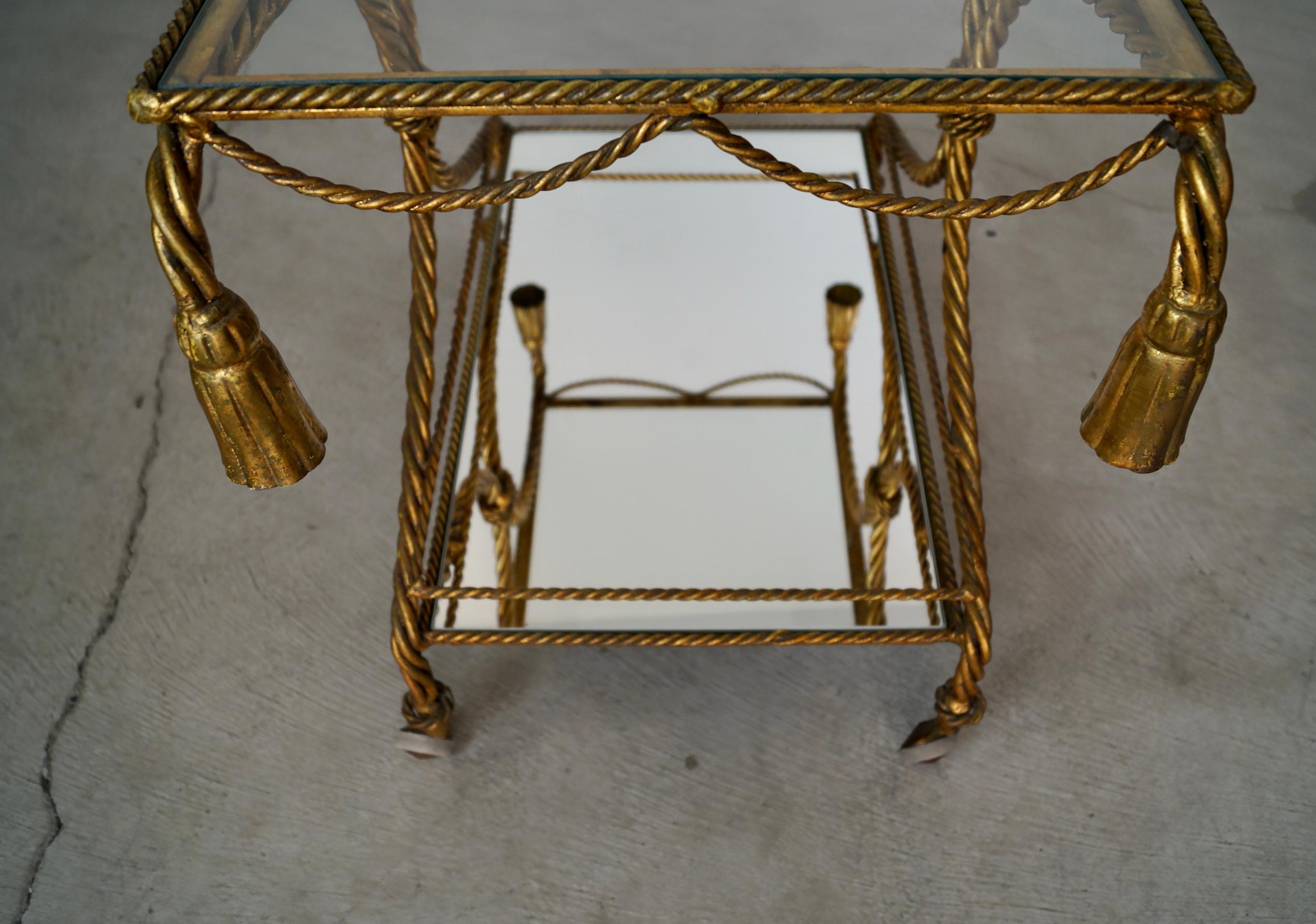 1960's Hollywood Regency Italian Gilded Metal Tassel Rope Bar Cart For Sale 15