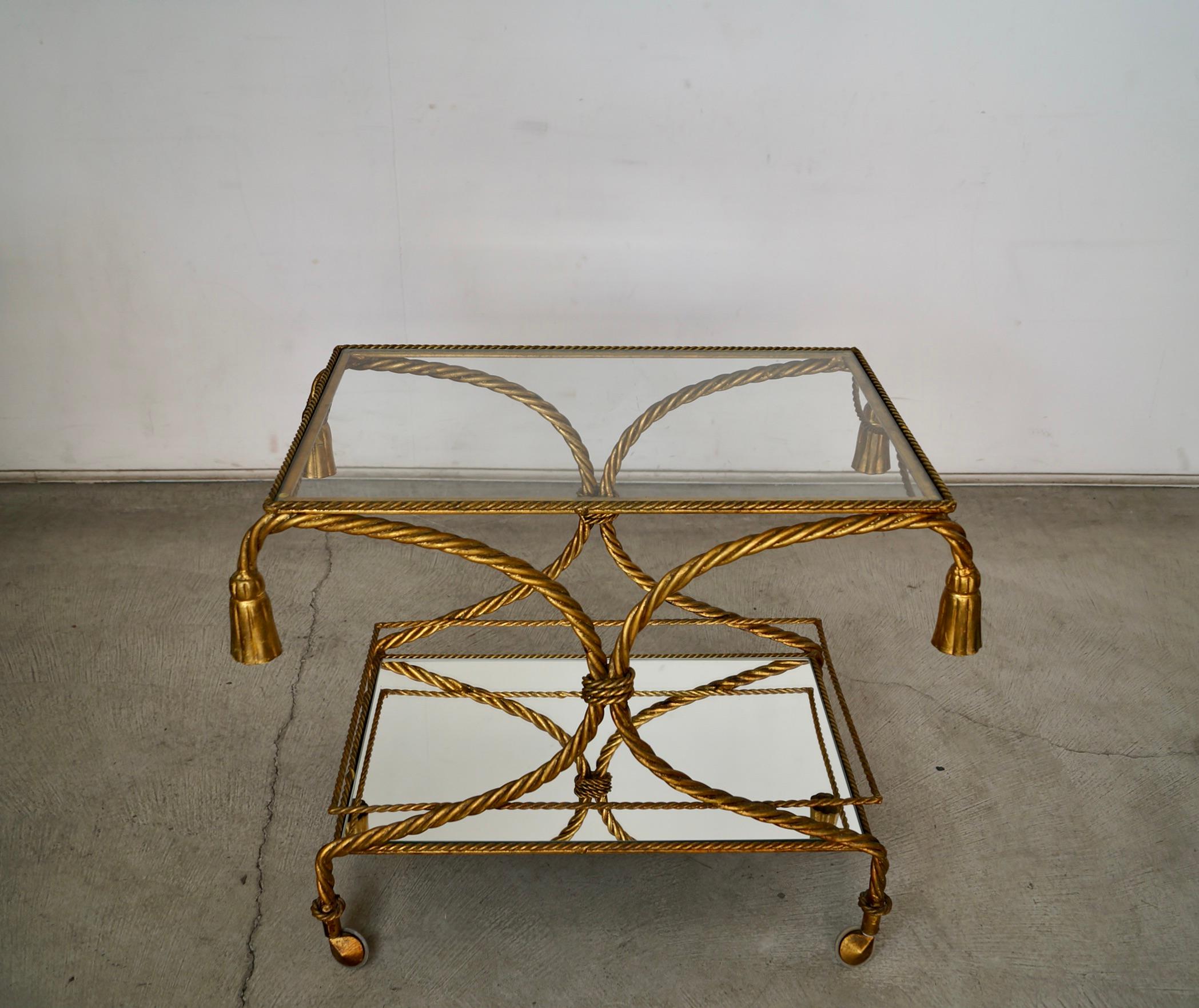 Gilt 1960's Hollywood Regency Italian Gilded Metal Tassel Rope Bar Cart For Sale