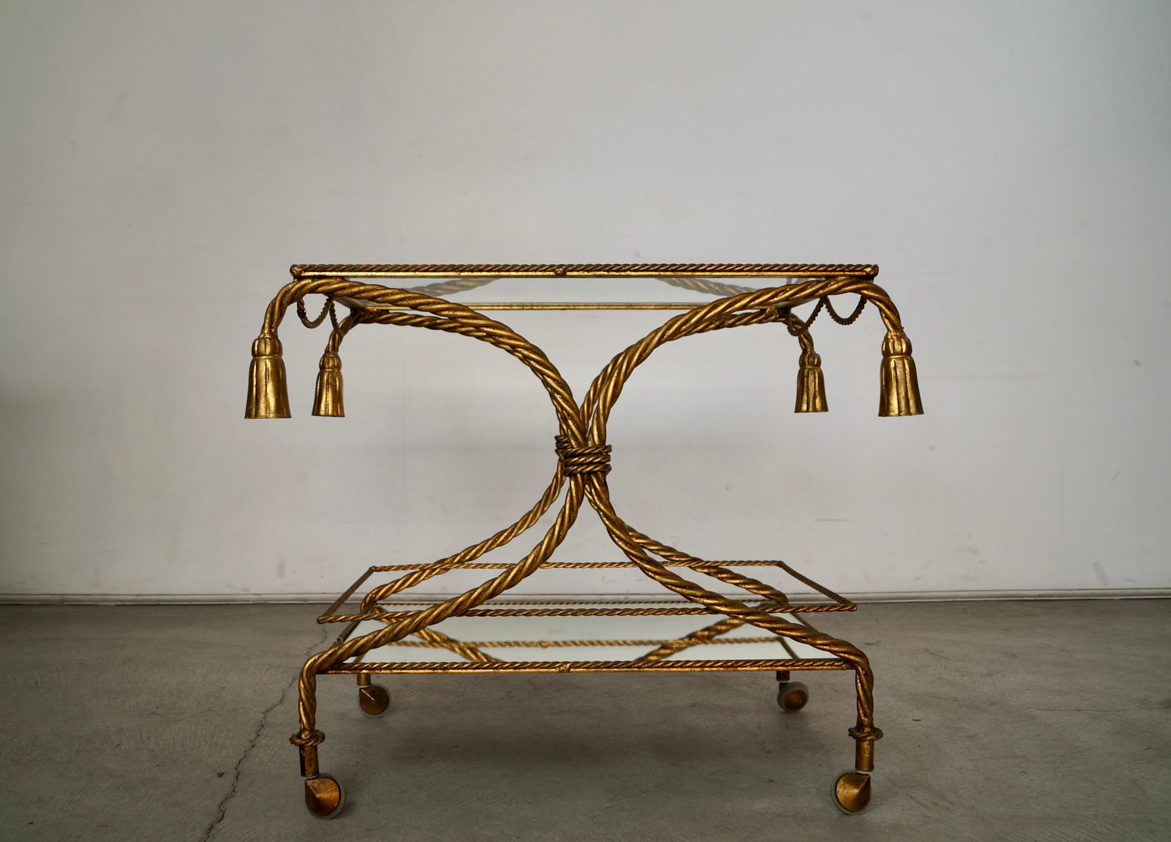 1960's Hollywood Regency Italian Gilded Metal Tassel Rope Bar Cart In Good Condition For Sale In Burbank, CA