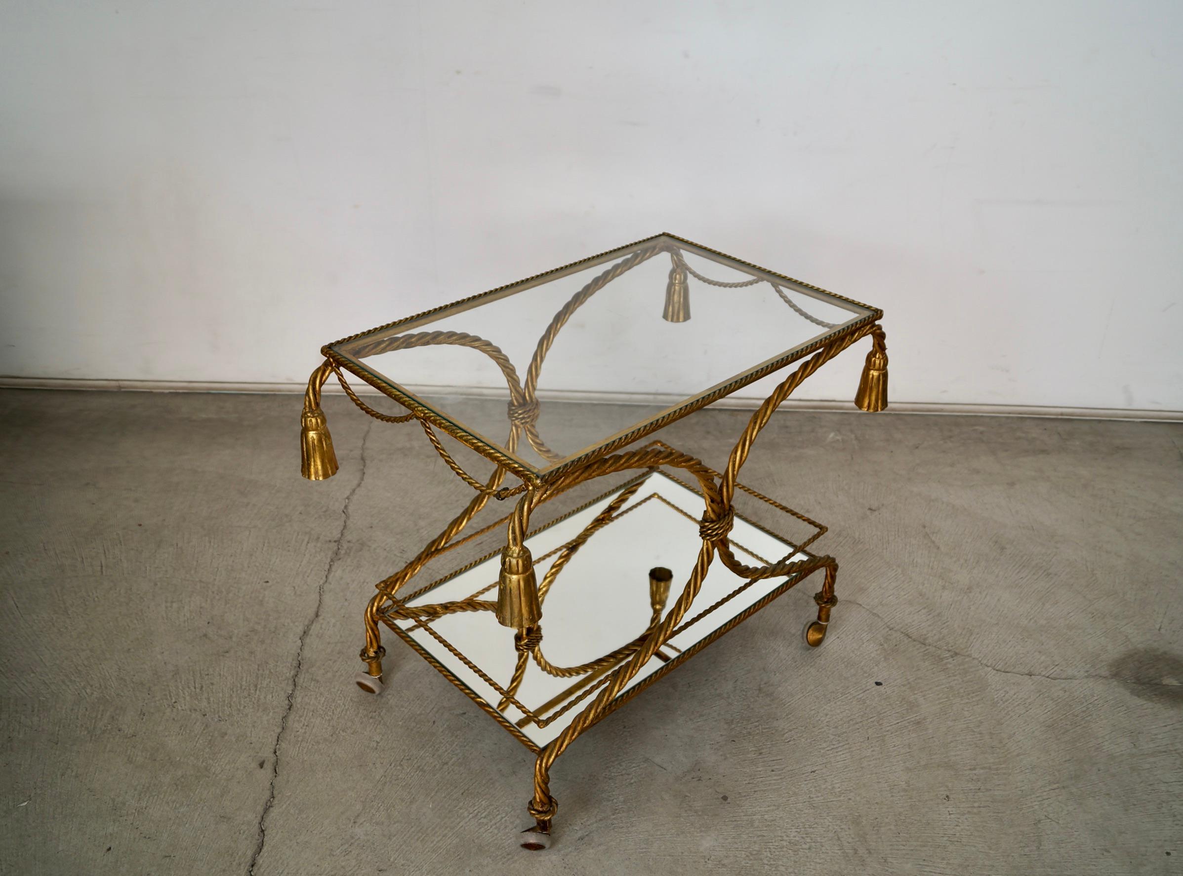 Mid-20th Century 1960's Hollywood Regency Italian Gilded Metal Tassel Rope Bar Cart For Sale