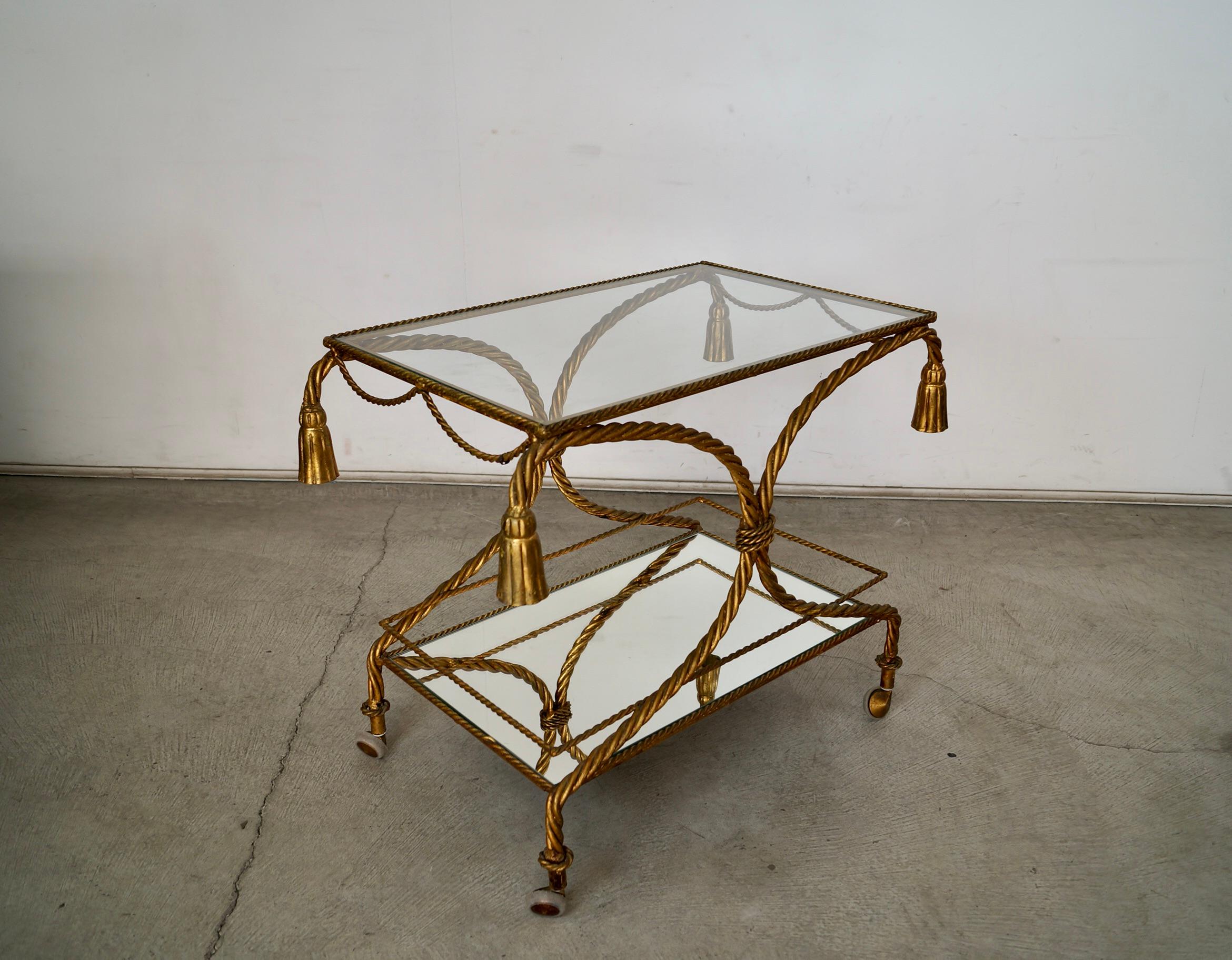 1960's Hollywood Regency Italian Gilded Metal Tassel Rope Bar Cart For Sale 1
