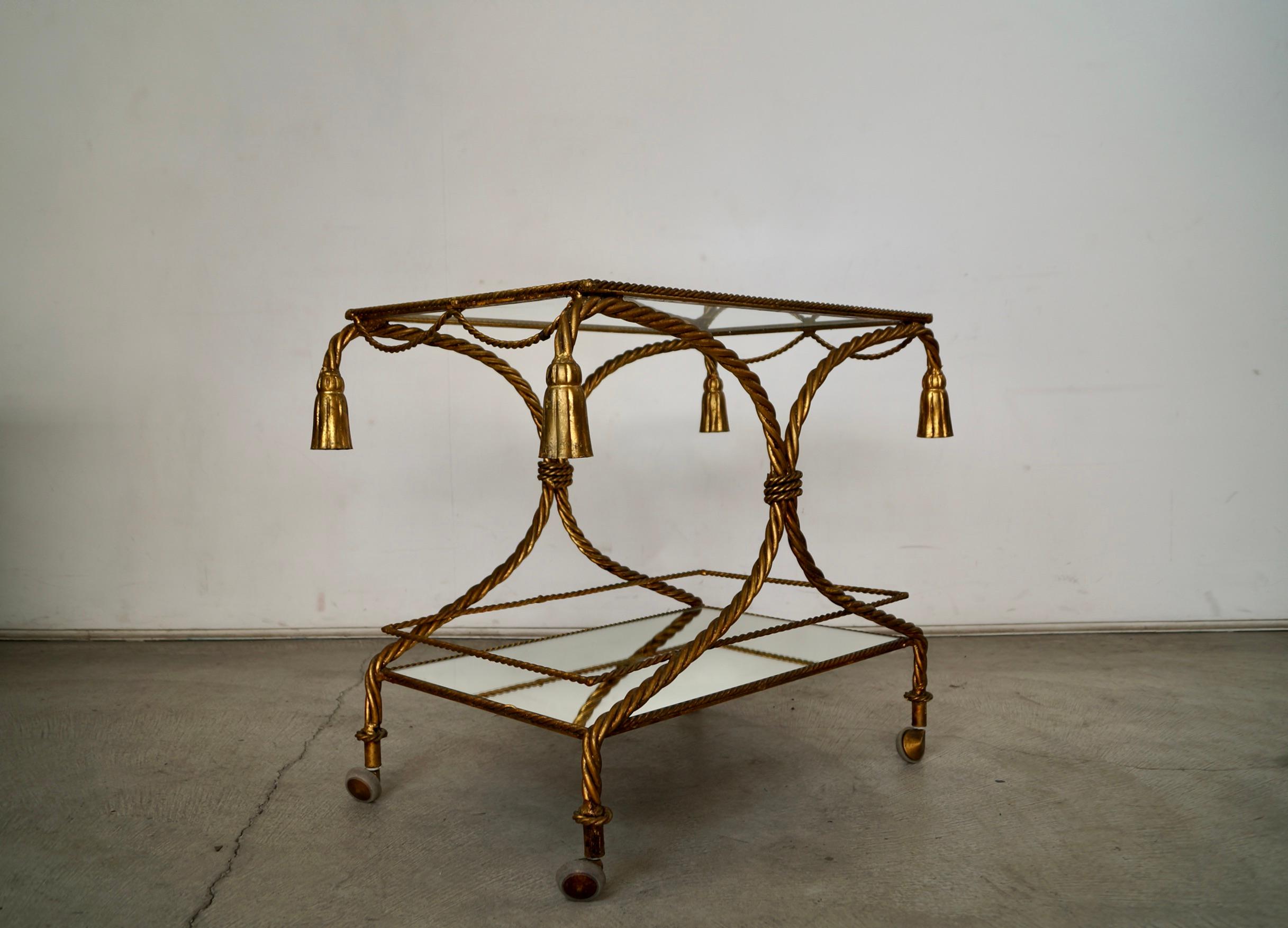 1960's Hollywood Regency Italian Gilded Metal Tassel Rope Bar Cart For Sale 2
