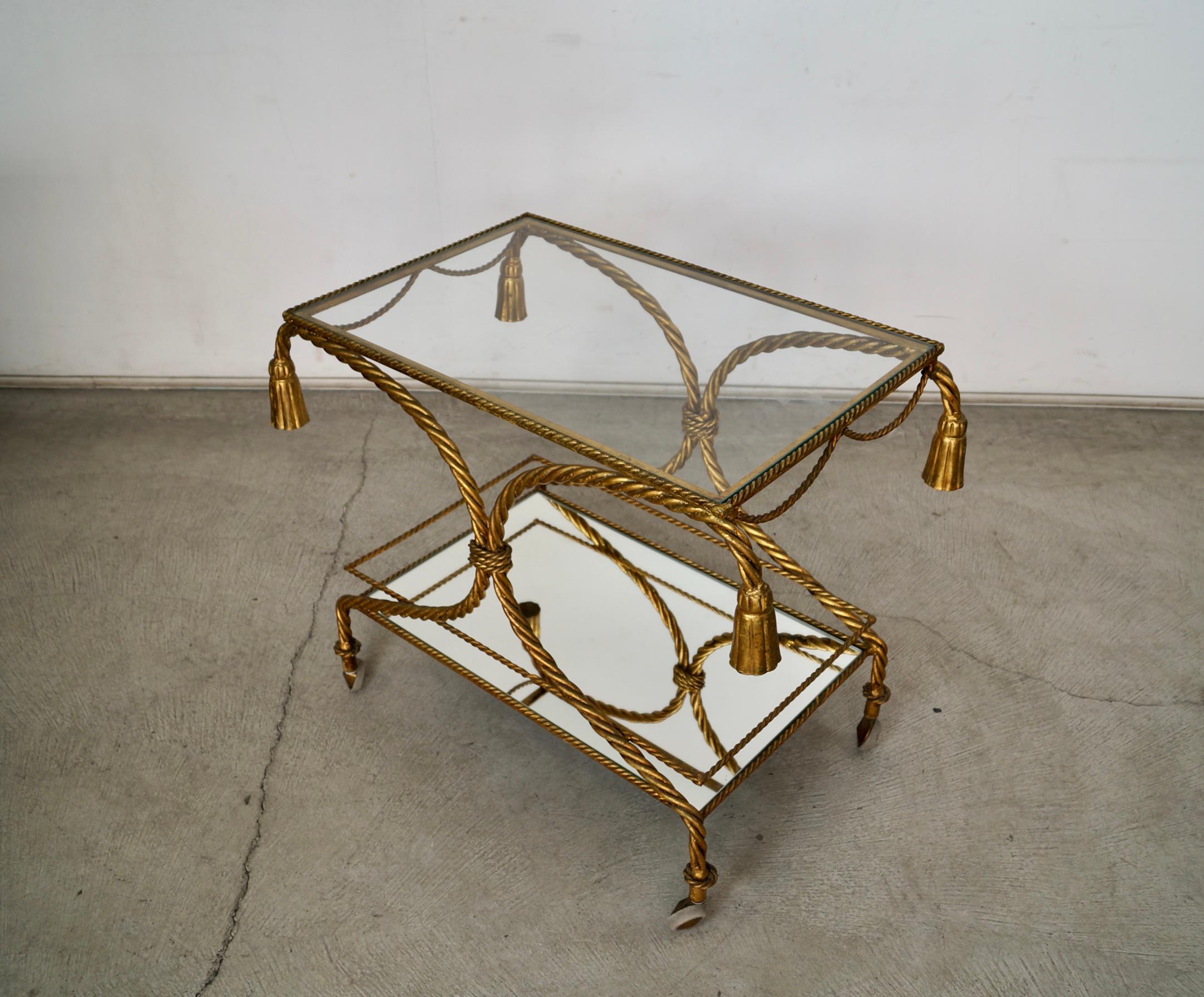 1960's Hollywood Regency Italian Gilded Metal Tassel Rope Bar Cart For Sale 3