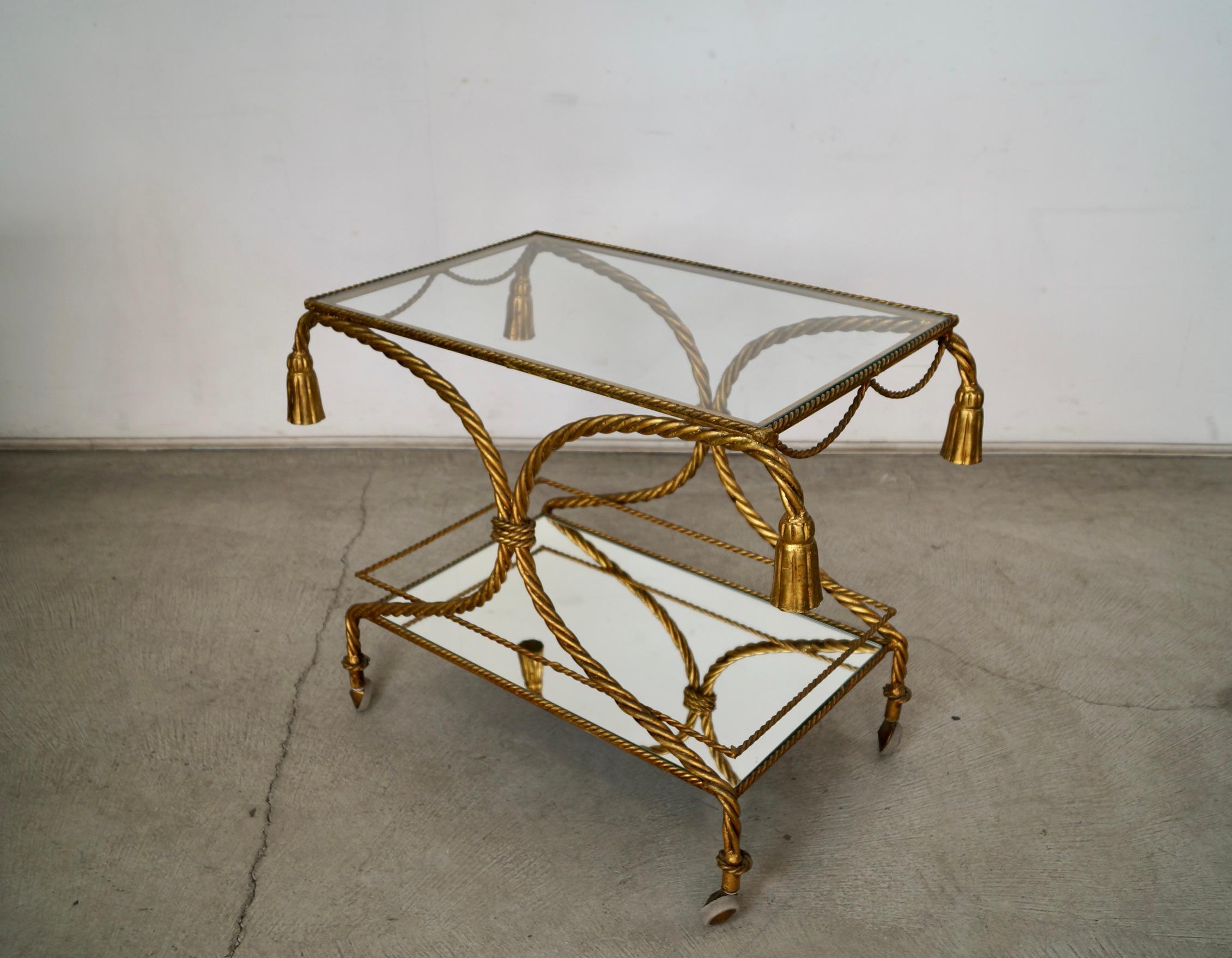 1960's Hollywood Regency Italian Gilded Metal Tassel Rope Bar Cart For Sale 4