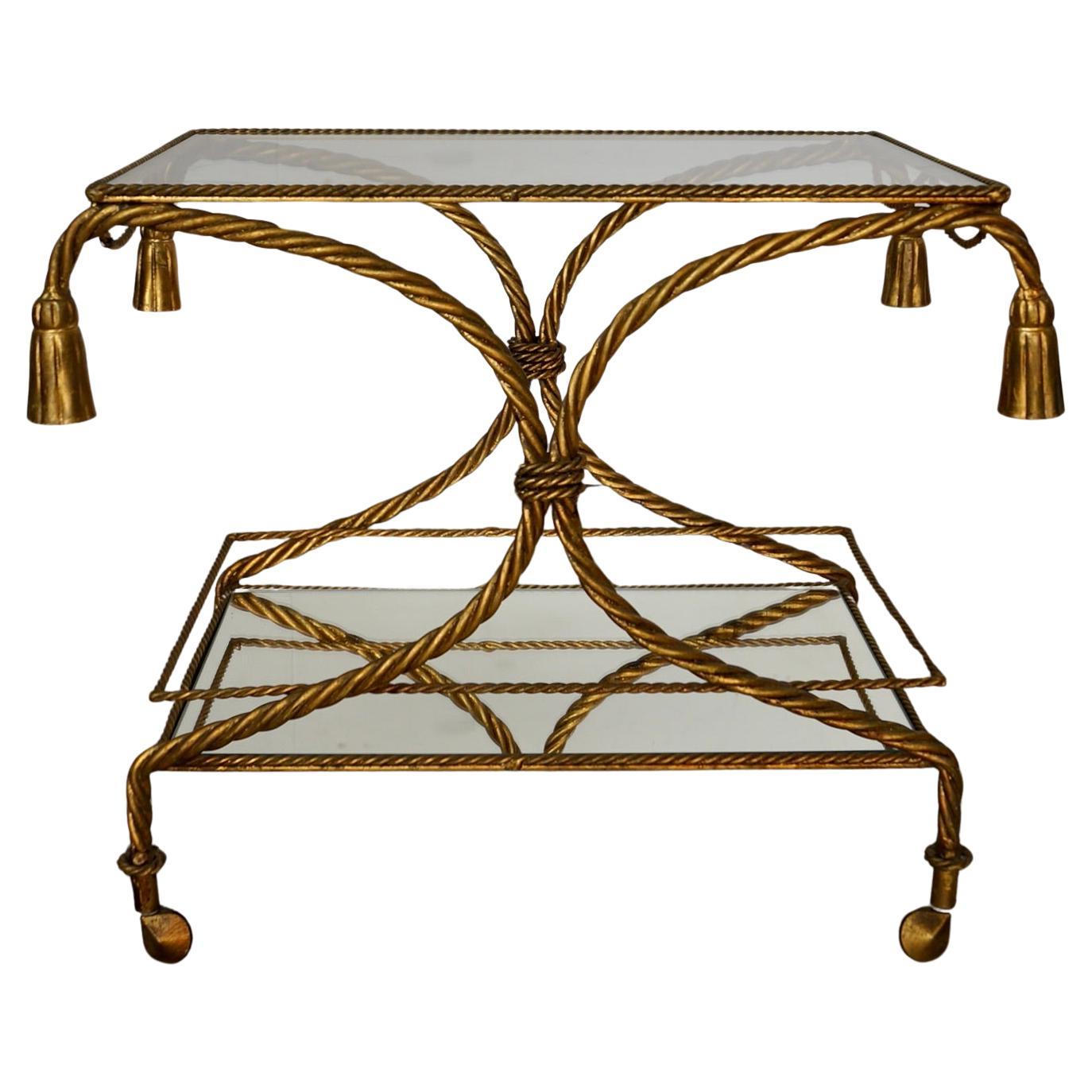 1960's Hollywood Regency Italian Gilded Metal Tassel Rope Bar Cart For Sale
