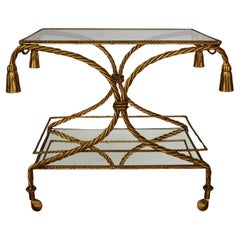 1960's Hollywood Regency Italian Gilded Metal Tassel Rope Bar Cart