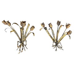 1960s Hollywood Regency Italian Gilt Metal Tulip Bouquet Wall Sconces - S/2