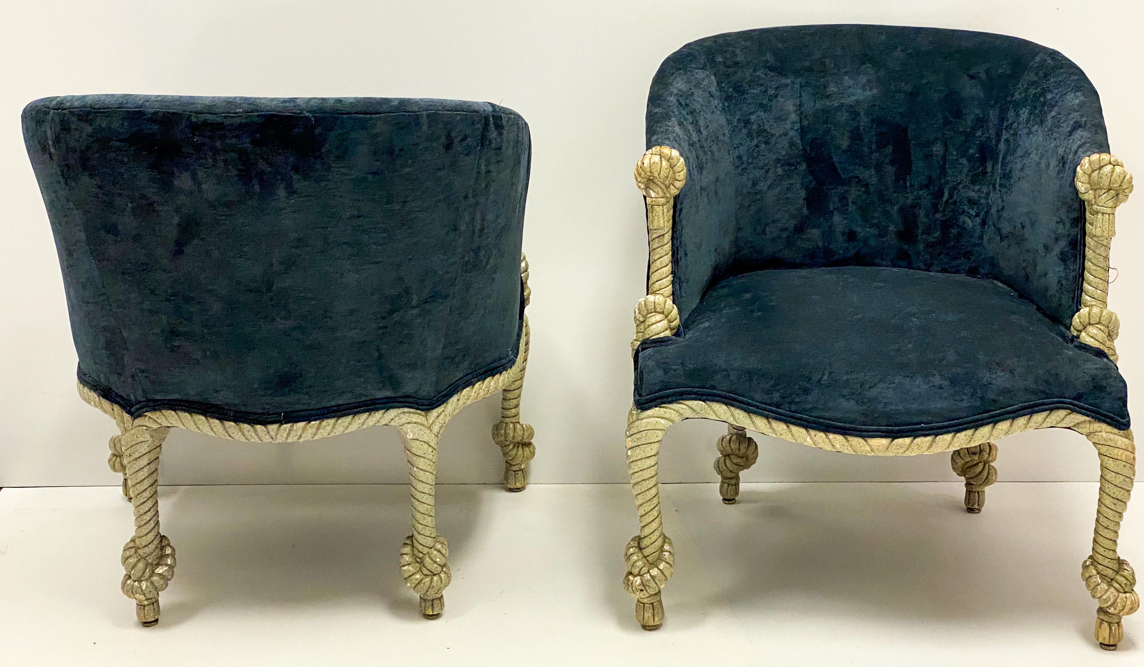 20th Century 1960s Hollywood Regency Italian Gilt and Tassel Velvet Tub Chairs, a Pair