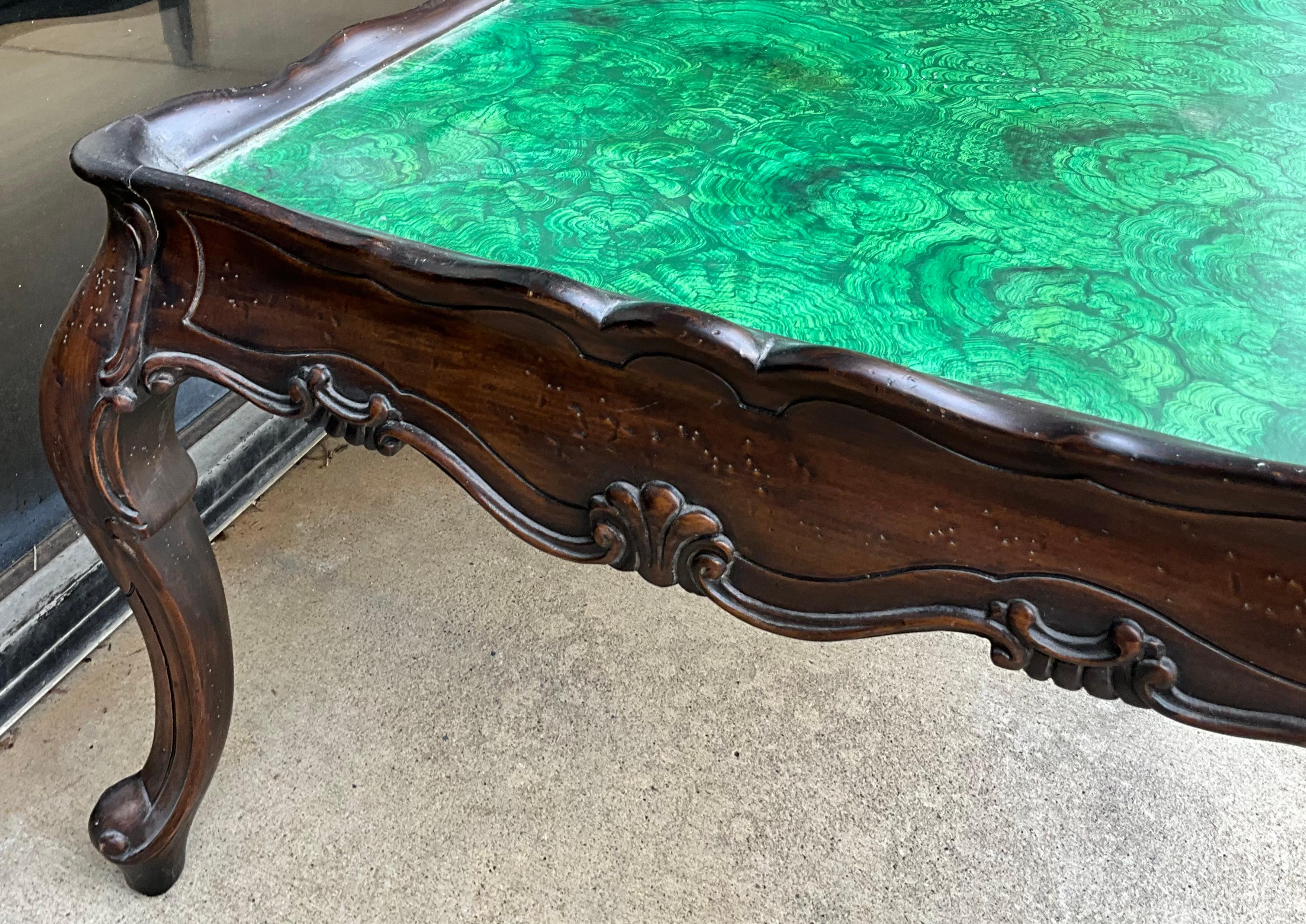 1960s Hollywood Regency Italian Rococo Style Faux Malachite Coffee Table  In Good Condition For Sale In Kennesaw, GA