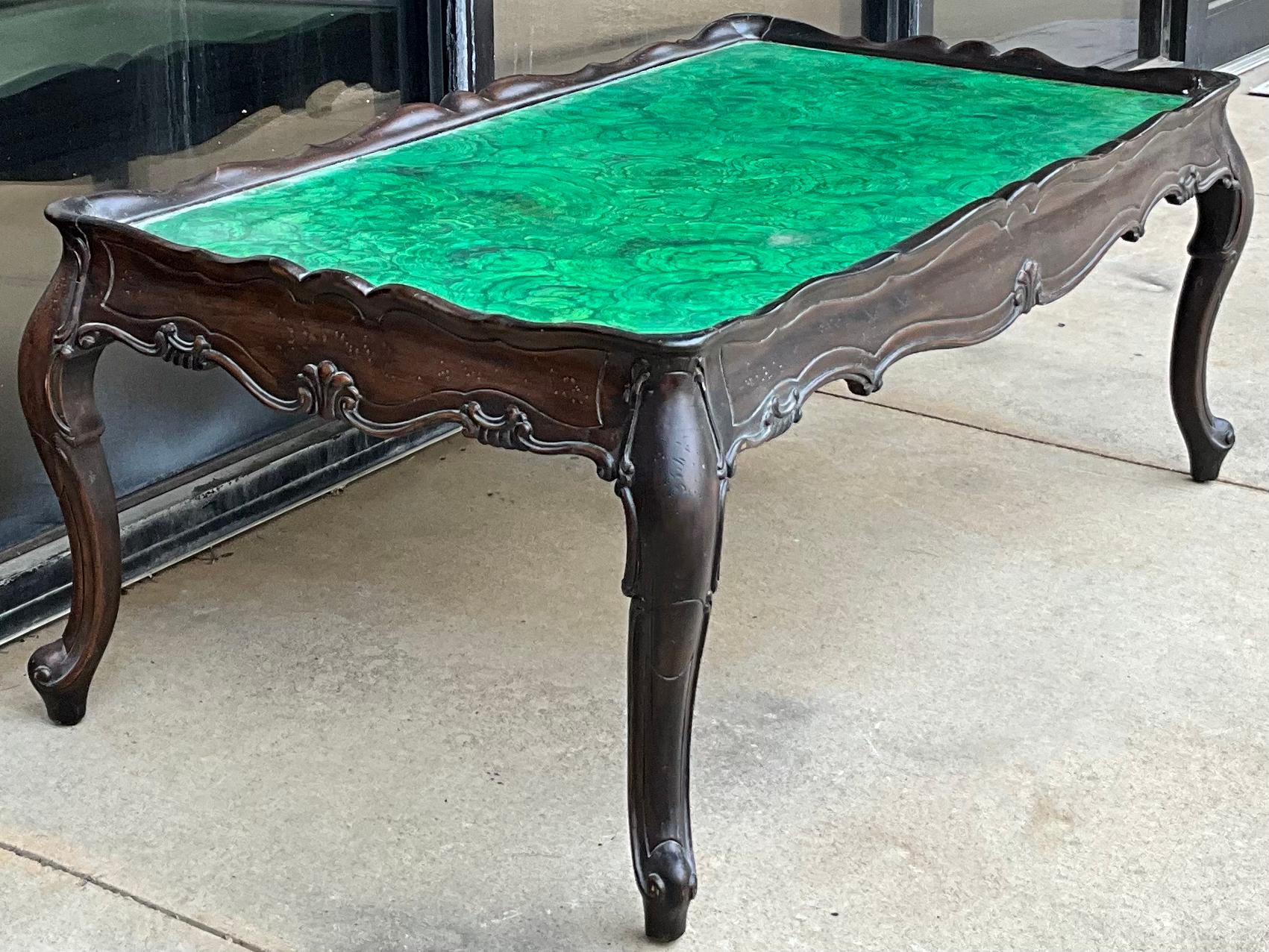 20th Century 1960s Hollywood Regency Italian Rococo Style Faux Malachite Coffee Table  For Sale