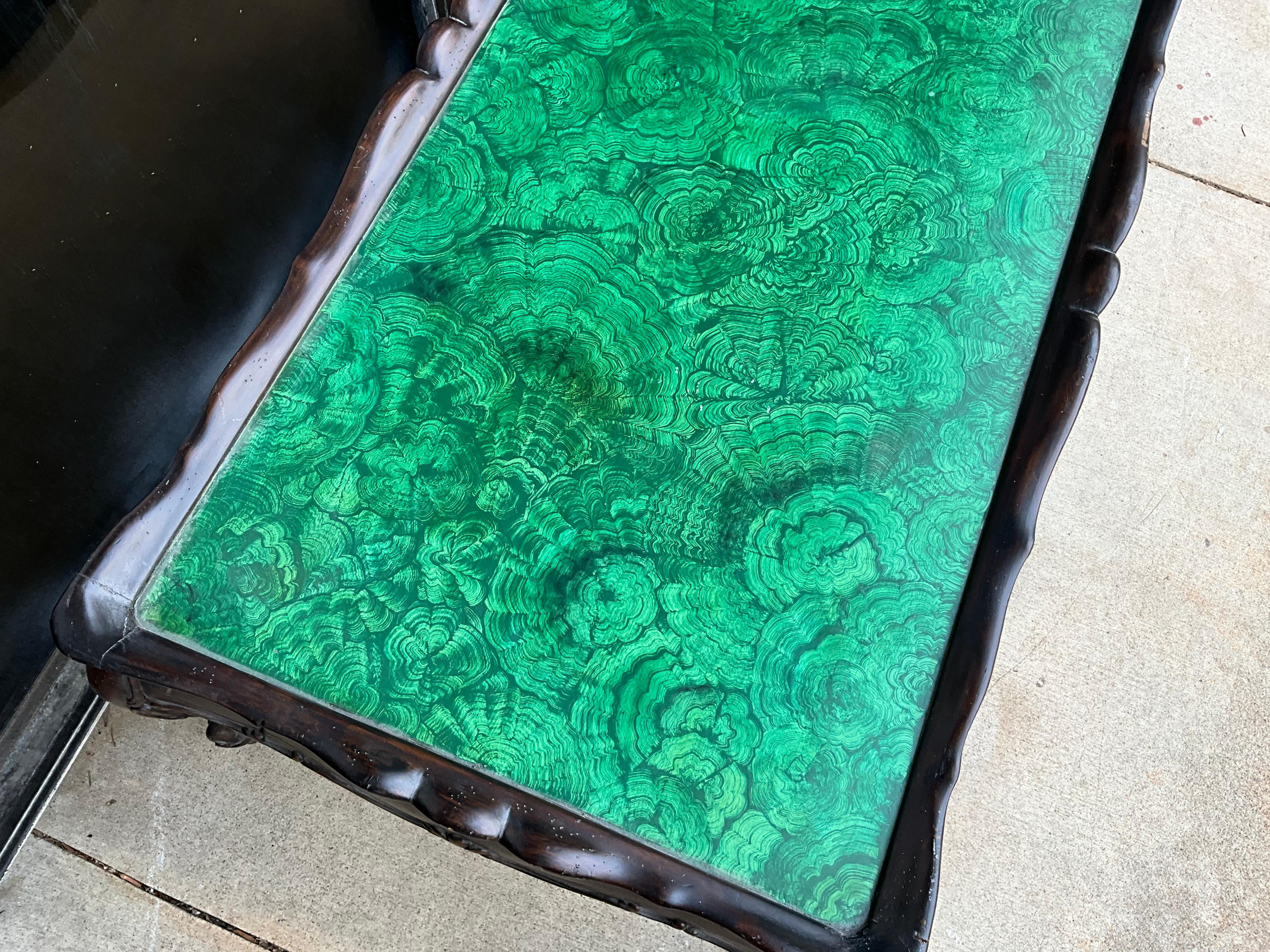 Wood 1960s Hollywood Regency Italian Rococo Style Faux Malachite Coffee Table  For Sale