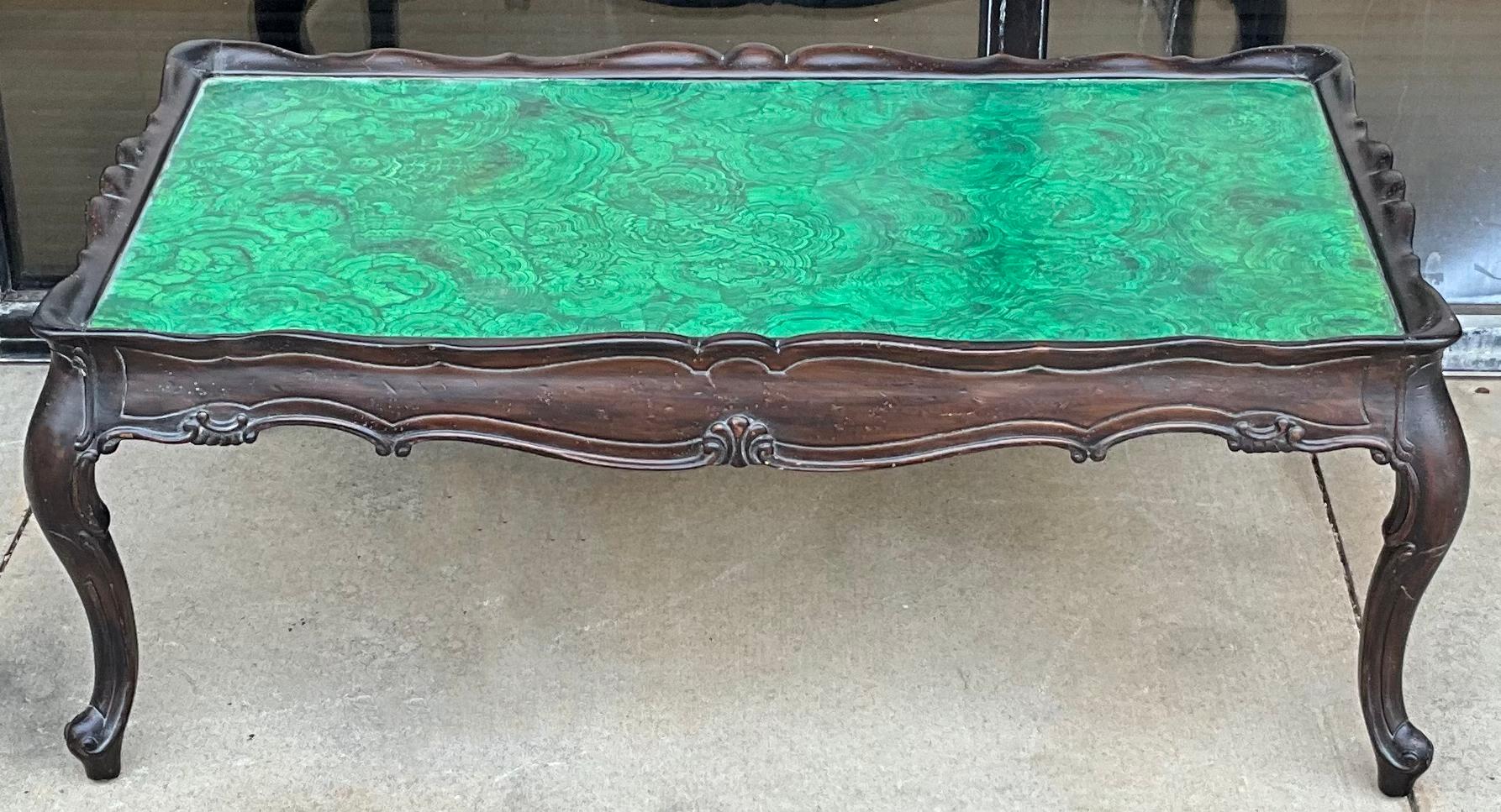 1960s Hollywood Regency Italian Rococo Style Faux Malachite Coffee Table  For Sale 1