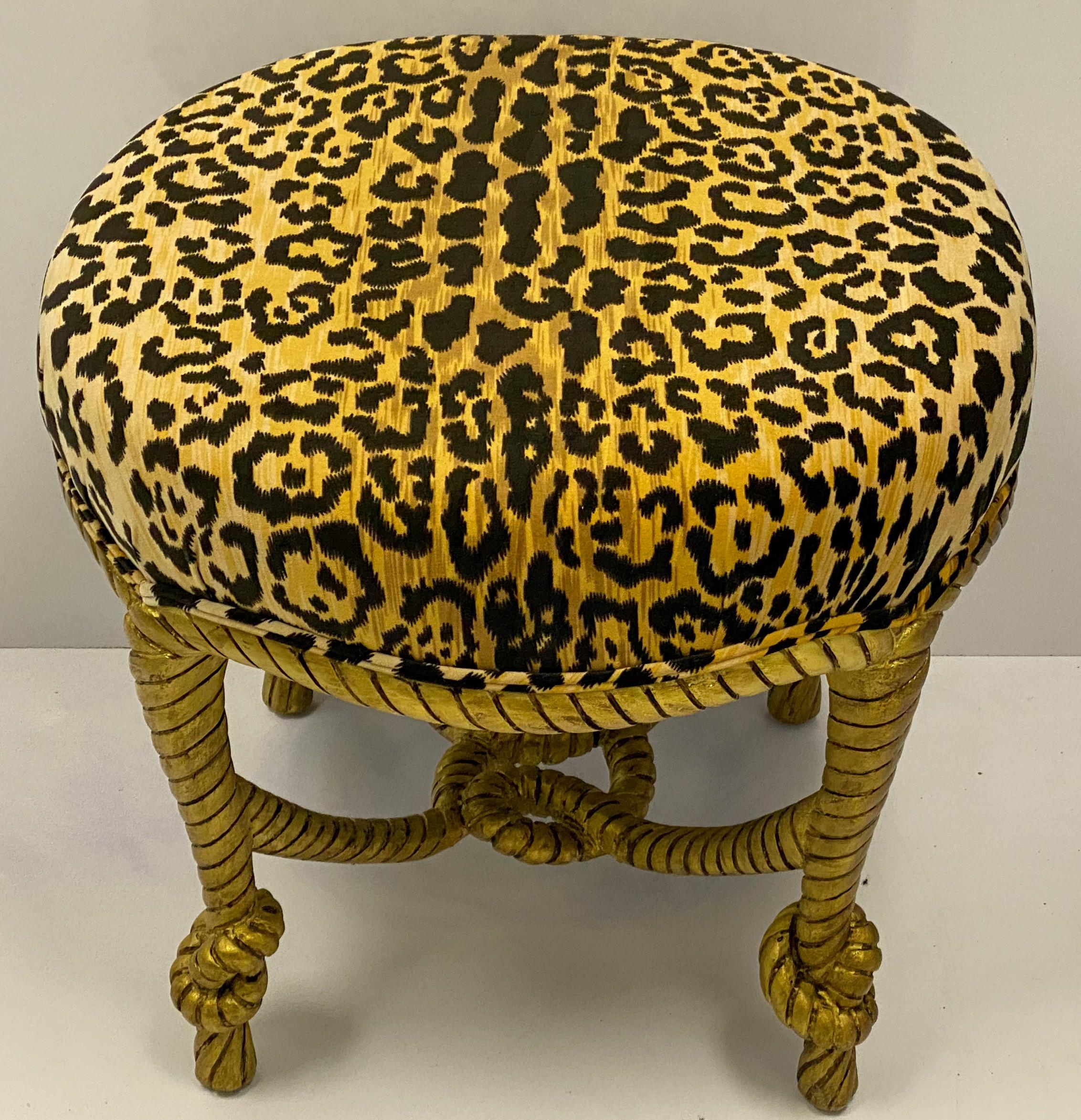 Leopard velvet and giltwood! It doesn’t get much better than this! These Napoleon III style stools have been newly upholstered in a leopard velvet. The rope and tassel frames have a gilt painted finish.