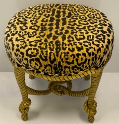 1960s Hollywood Regency Leopard Velvet Giltwood Italian Rope Ottomans, a Pair