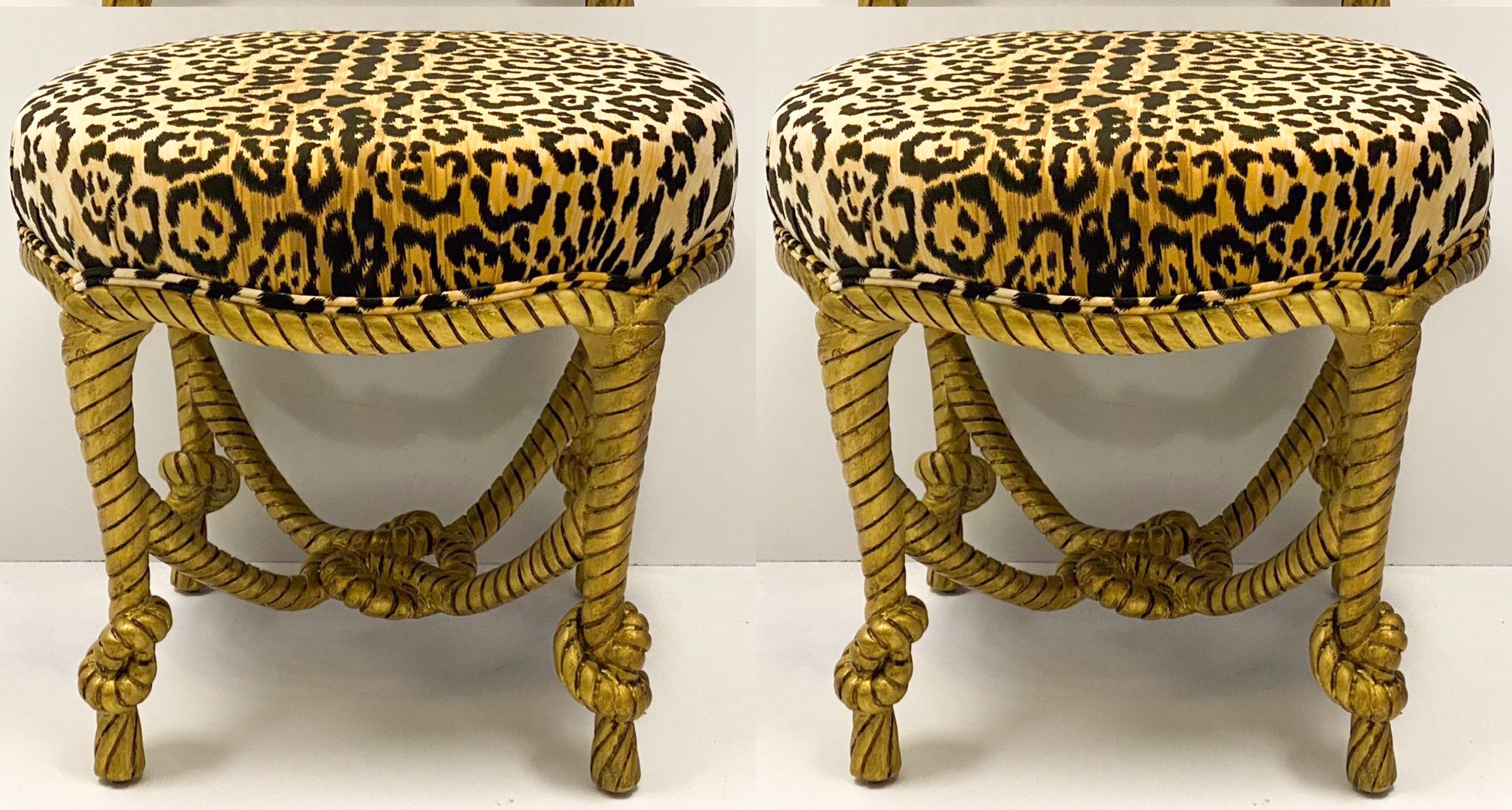 1960s Hollywood Regency Leopard Velvet Giltwood Italian Rope Ottomans, a Pair In Good Condition In Kennesaw, GA