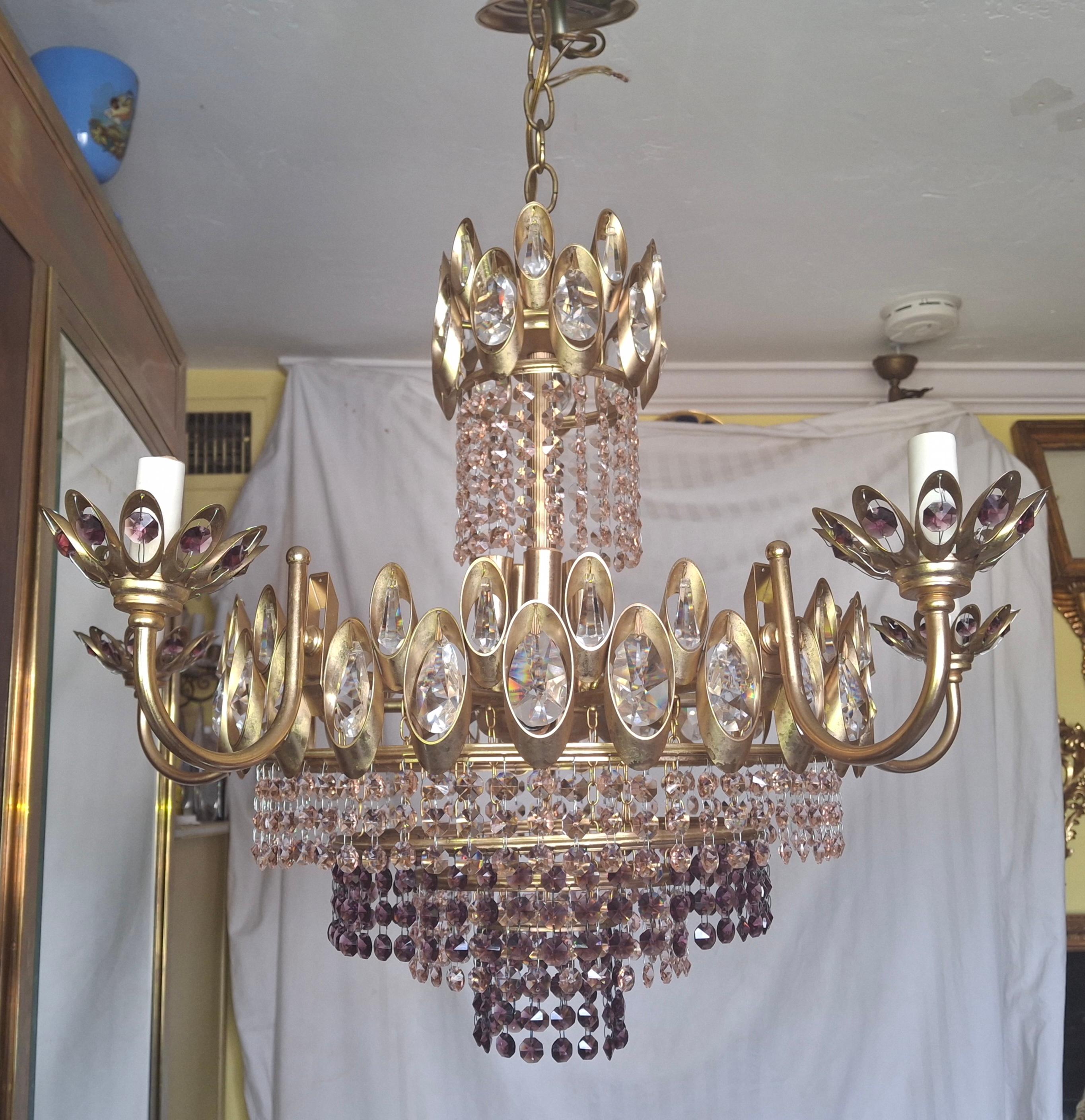 Lampadario a 15 luci Hollywood Regency del 1960 in cristallo rosa e ametista di Palwa in vendita 6
