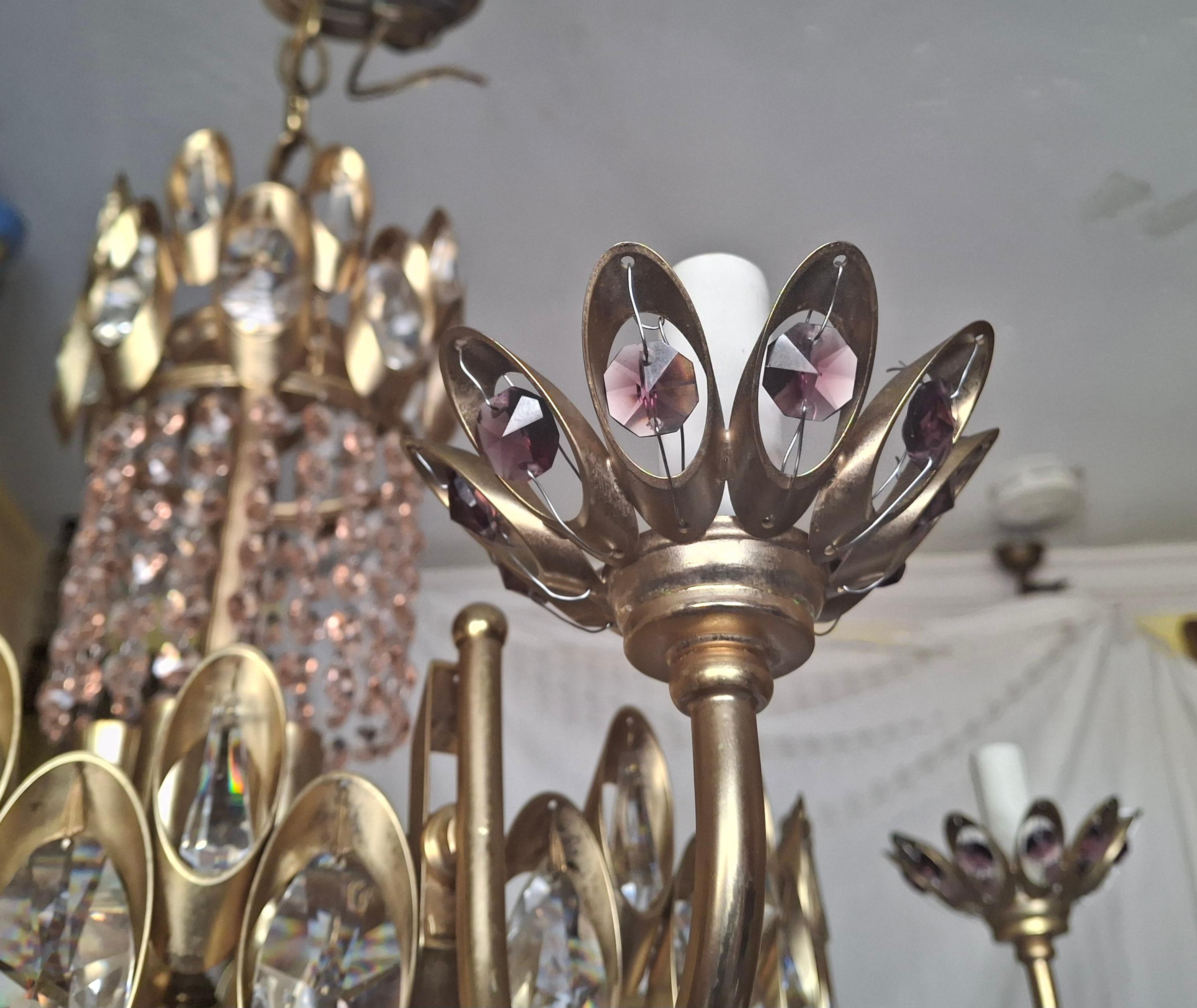 Lampadario a 15 luci Hollywood Regency del 1960 in cristallo rosa e ametista di Palwa in vendita 11