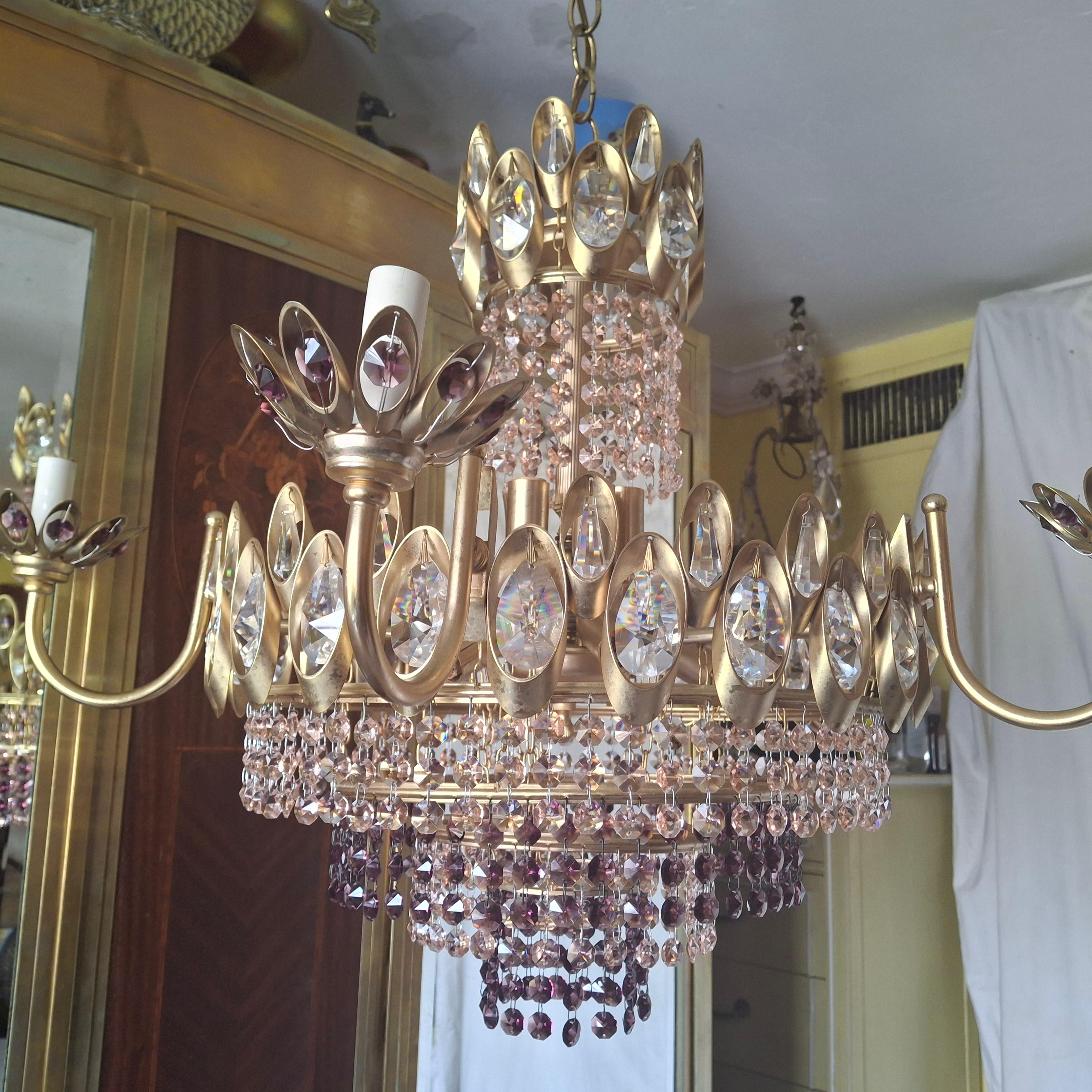 Lampadario a 15 luci Hollywood Regency del 1960 in cristallo rosa e ametista di Palwa in vendita 12