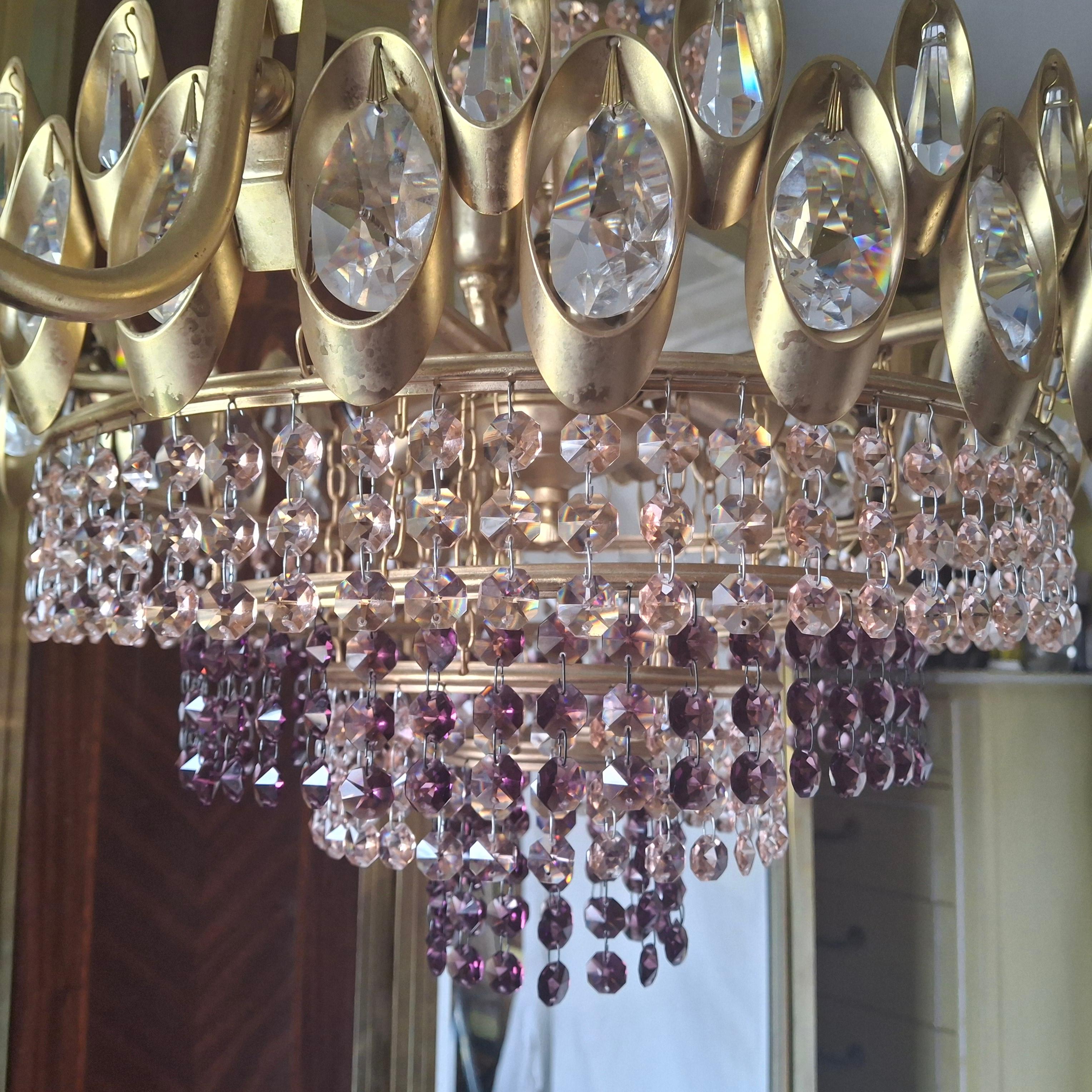Lampadario a 15 luci Hollywood Regency del 1960 in cristallo rosa e ametista di Palwa in vendita 13