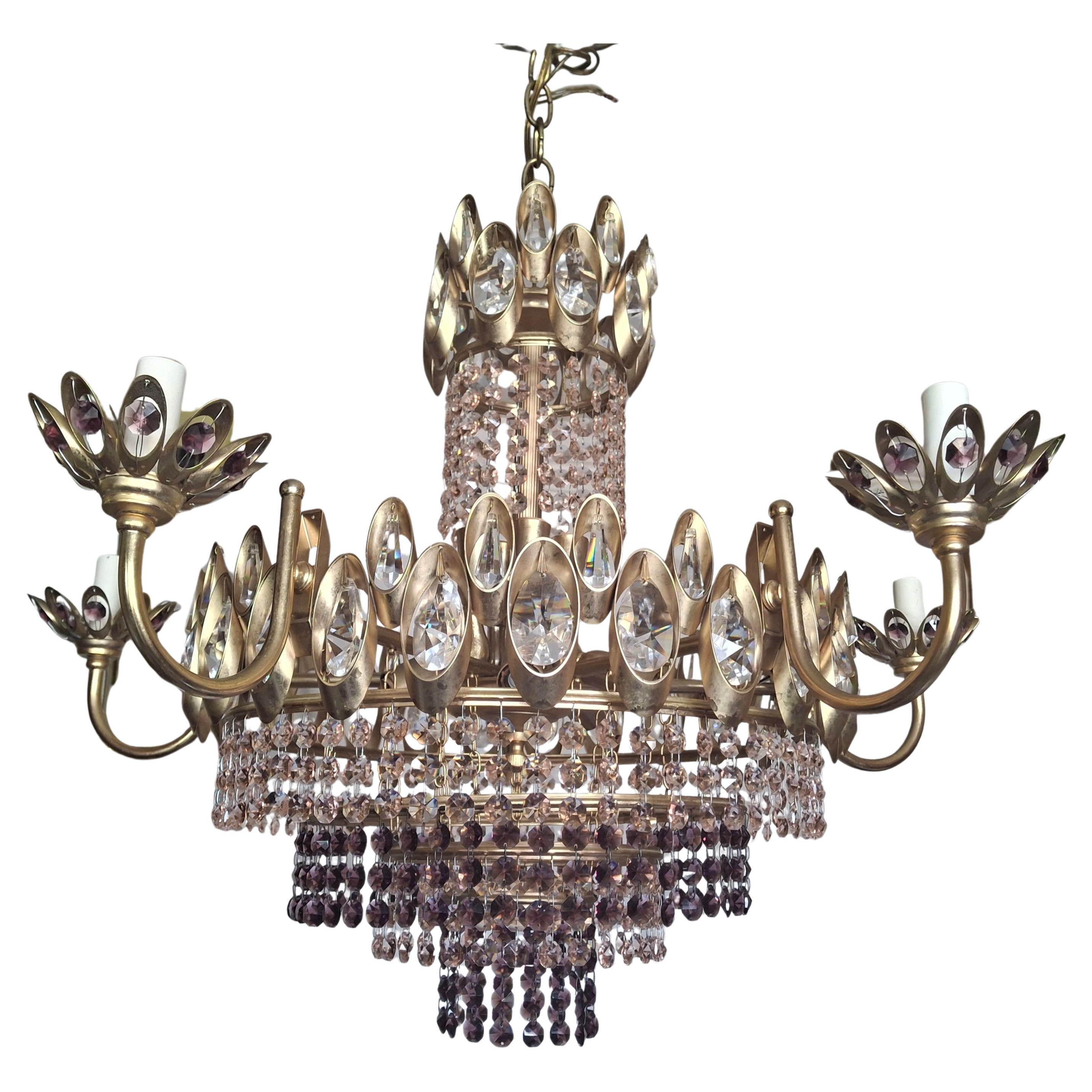 Lampadario a 15 luci Hollywood Regency del 1960 in cristallo rosa e ametista di Palwa