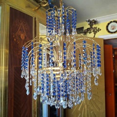 1960s Hollywood Regency Sapphire w/Clear Cut Crystal Tiered Waterfall Chandelier