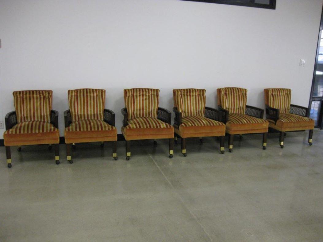 1960s Hollywood Regency Striped Velvet Dunbar Armed Club Chairs Set of 6 Vintage For Sale 9